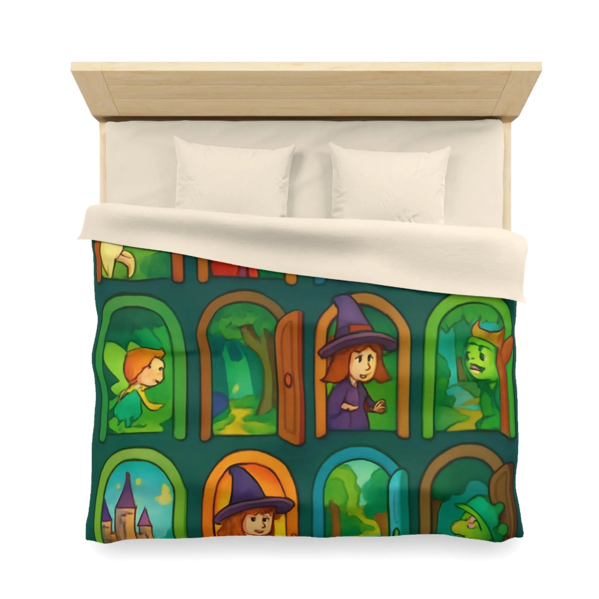 Enchantement magique avec motifs de sorcières, chevaux, et châteaux sur housse de couette