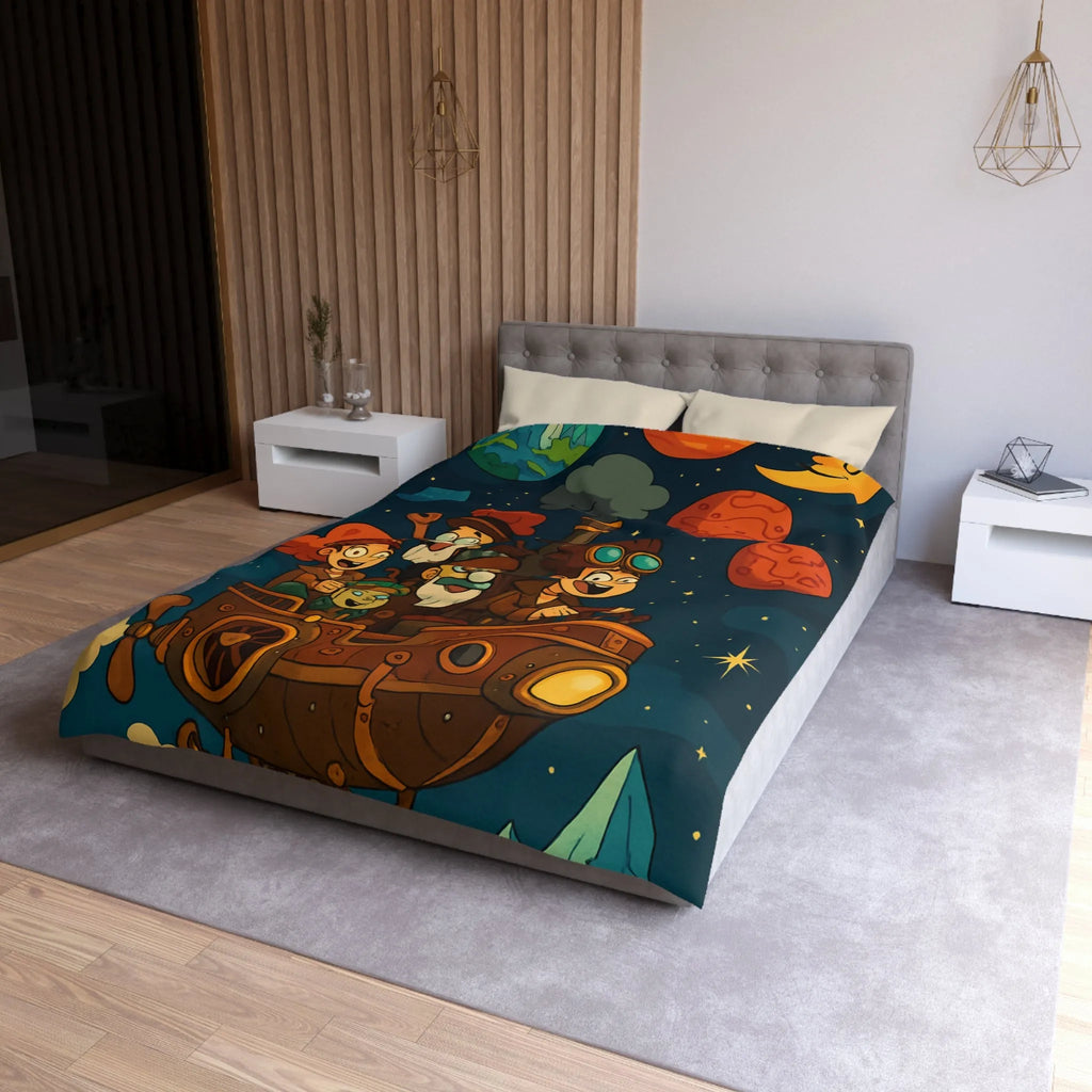 Housse de couette magique pour enfant avec voyage spatial et planètes souriantes colorées