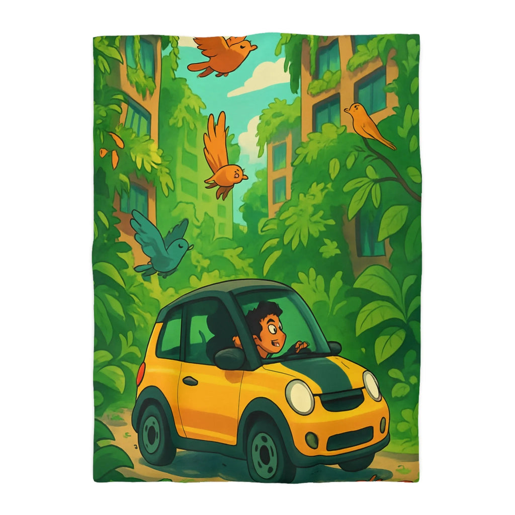 Housse de couette colorée avec voiture jaune et jungle luxuriante pour enfants aventureux