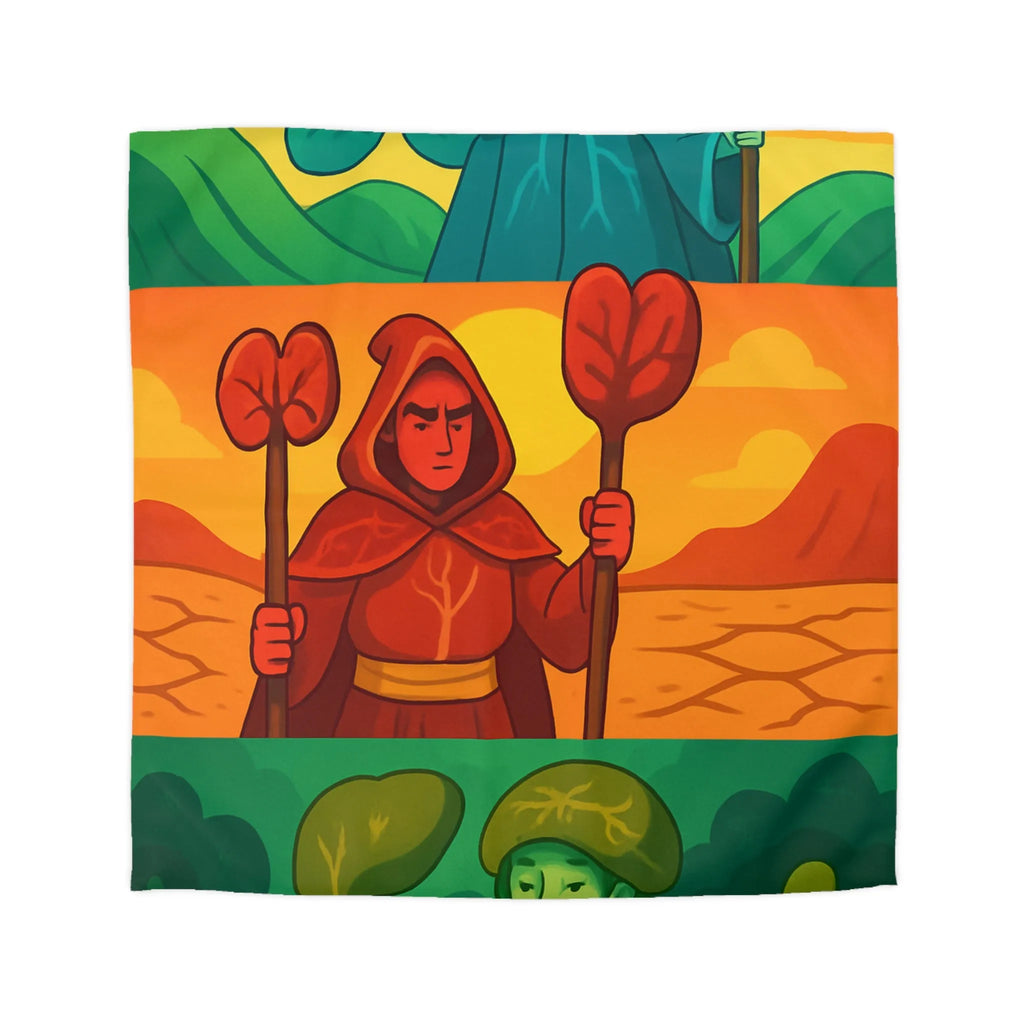 Housse de couette colorée avec trois mages, nature et paysages stylisés, ambiance apaisante