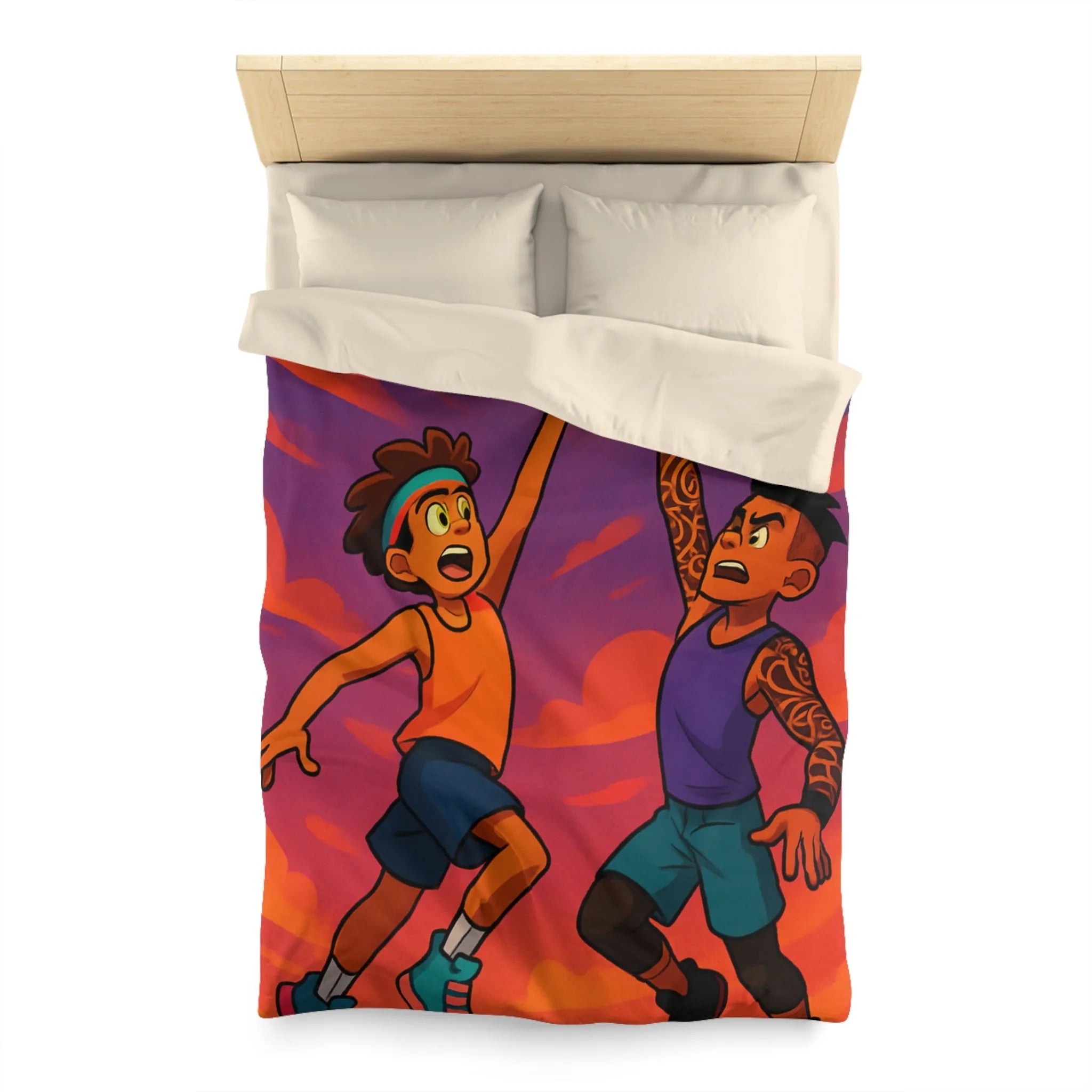 Housse de couette basketball, style dessin animé, coucher de soleil dynamique énergique