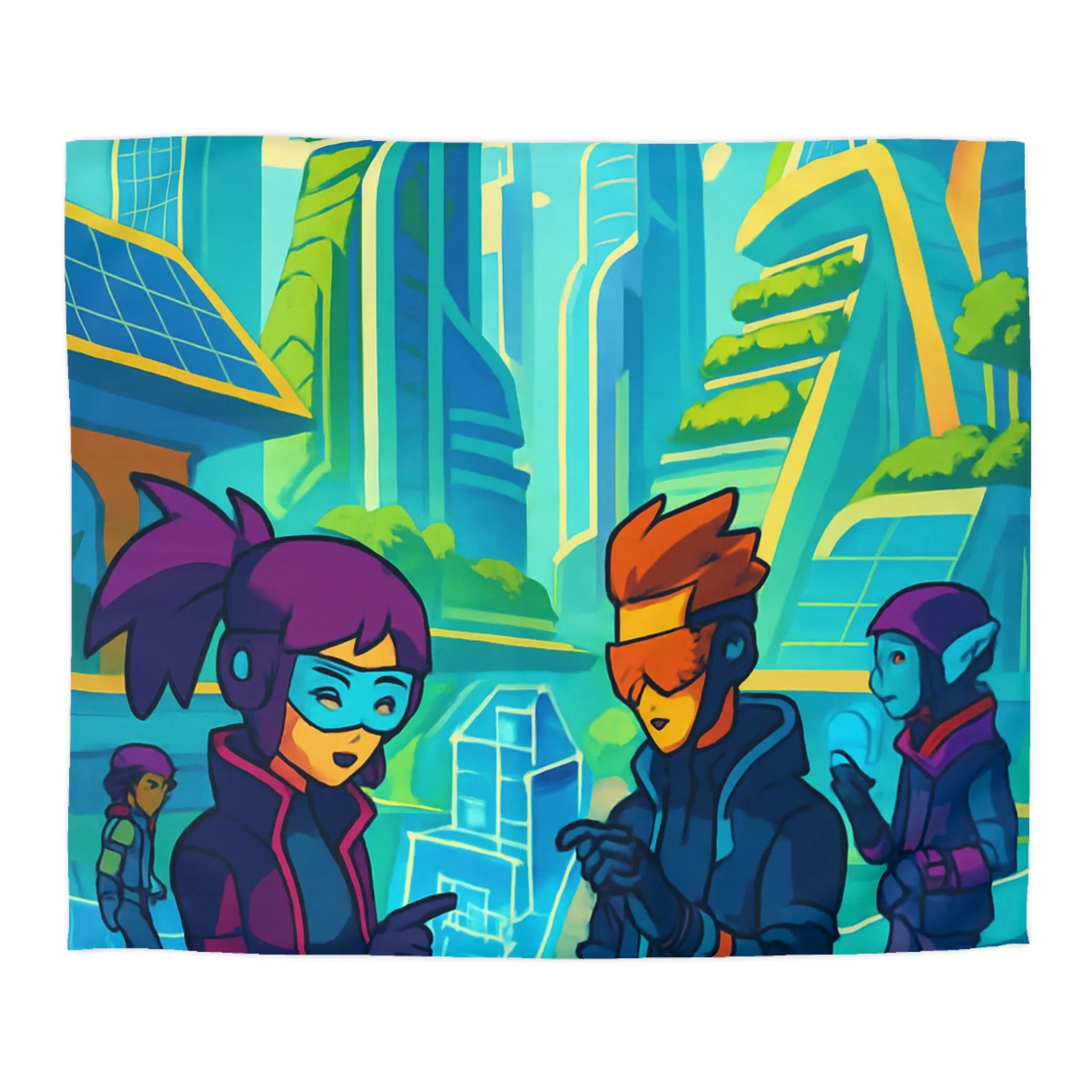 Housse de couette futuriste avec design coloré et thème urbain science-fiction moderne