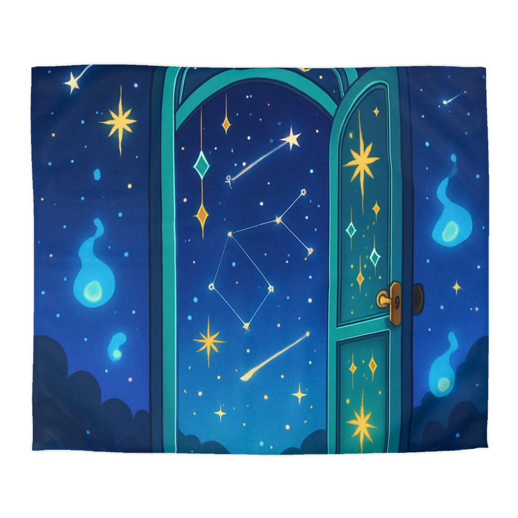 Housse de couette magique avec porte ouverte sur ciel étoilé bleu et constellations