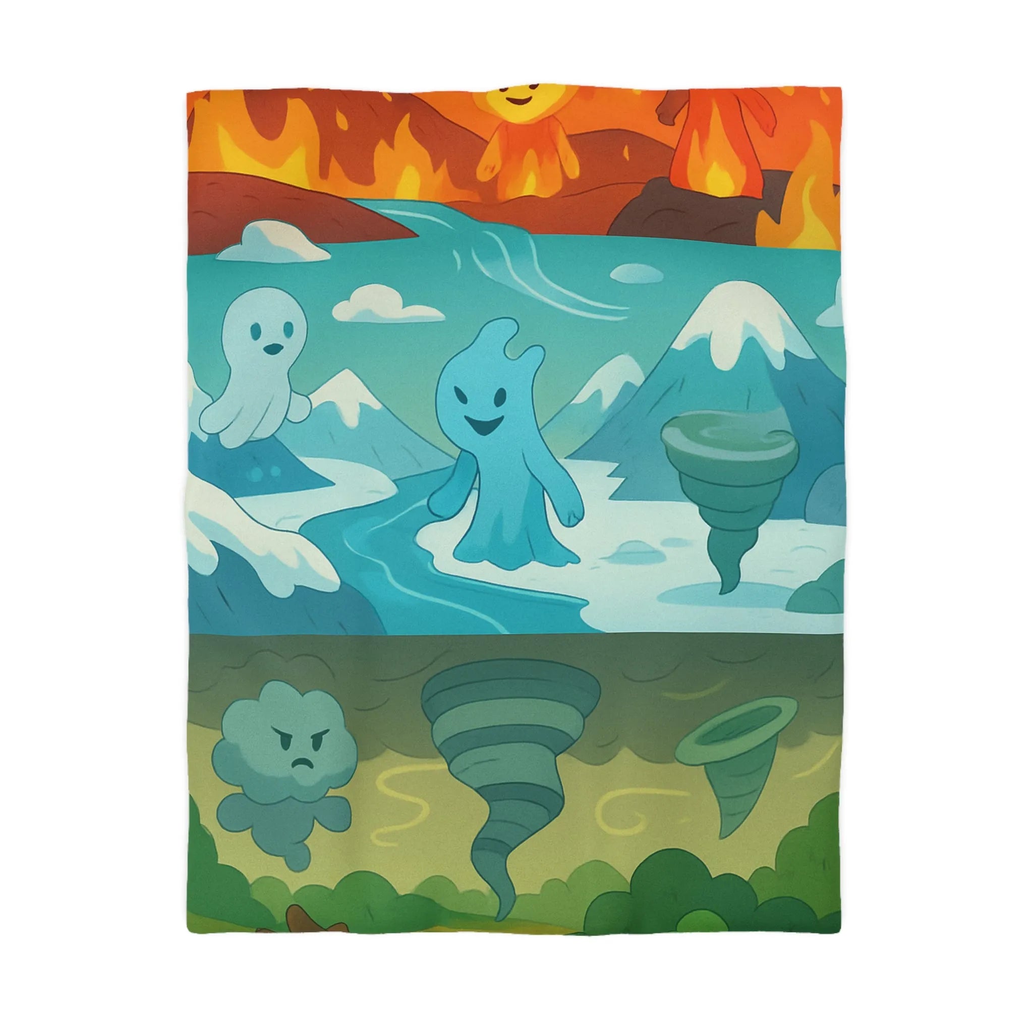 Housse de couette illustrant esprits élémentaires dans des paysages fantastiques vibrants et colorés