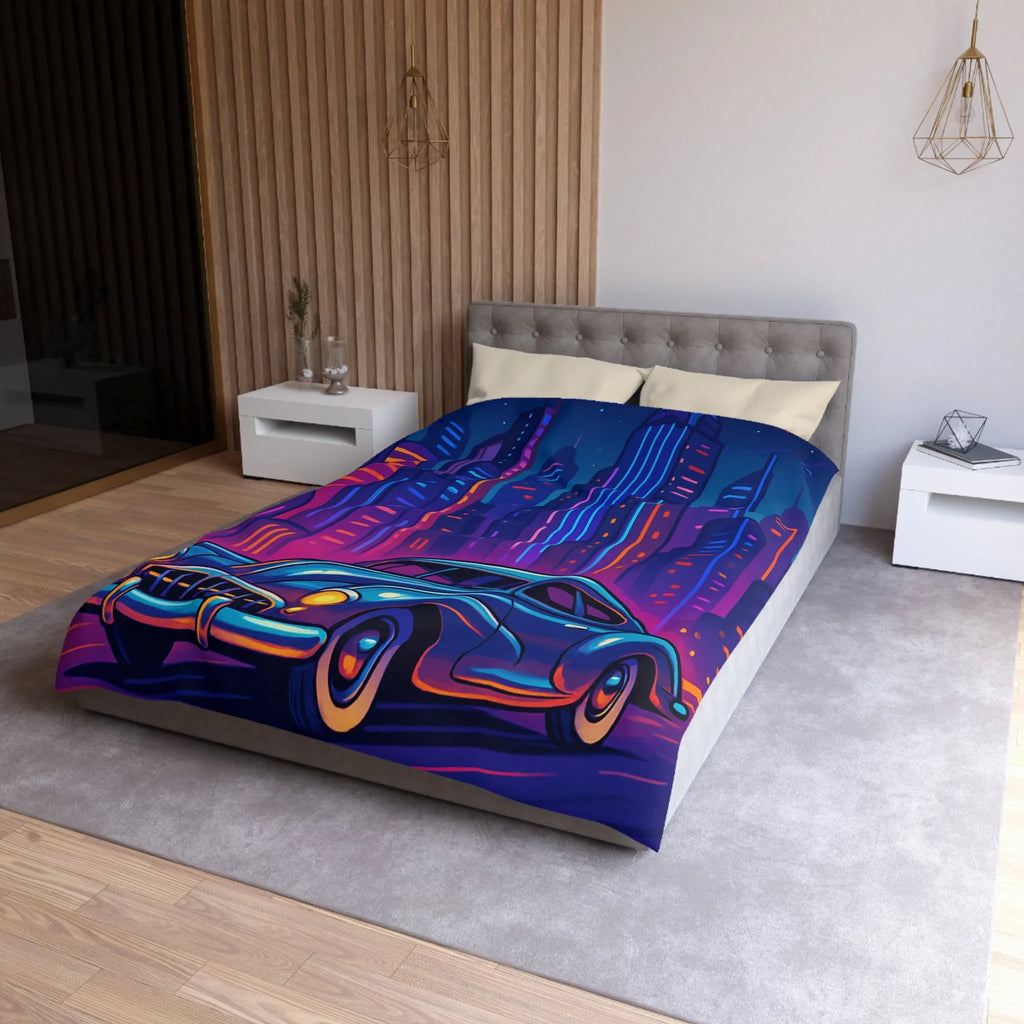 Housse de Couette Futuriste avec Voiture Vintage et Ville Lumineuse Style Néon