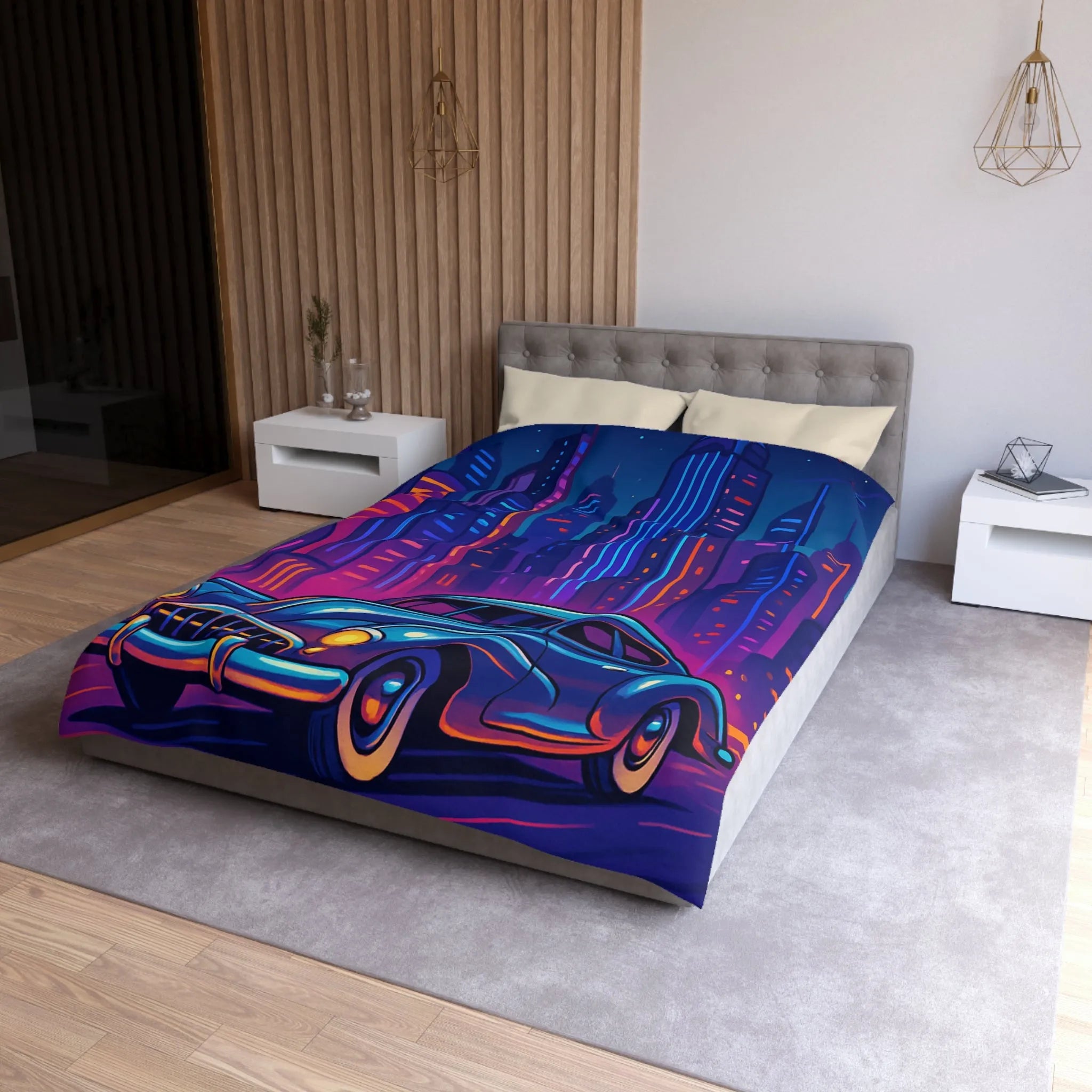 Housse de Couette Futuriste avec Voiture Vintage et Ville Lumineuse Style Néon