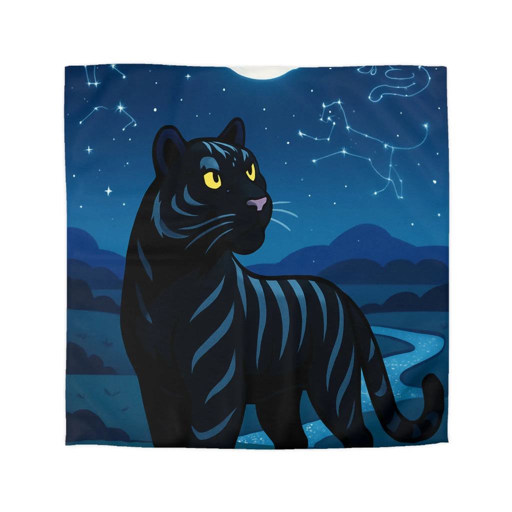 Housse de couette étoilée : Chat noir constellé sous une pleine lune éclatante
