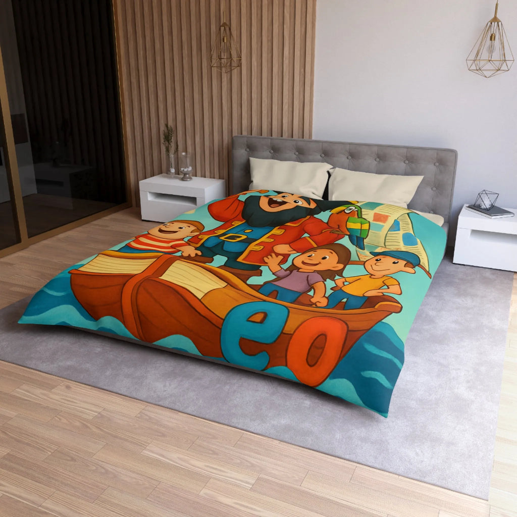 Housse de couette enfant pirate avec voyelles, perroquet et mer colorée