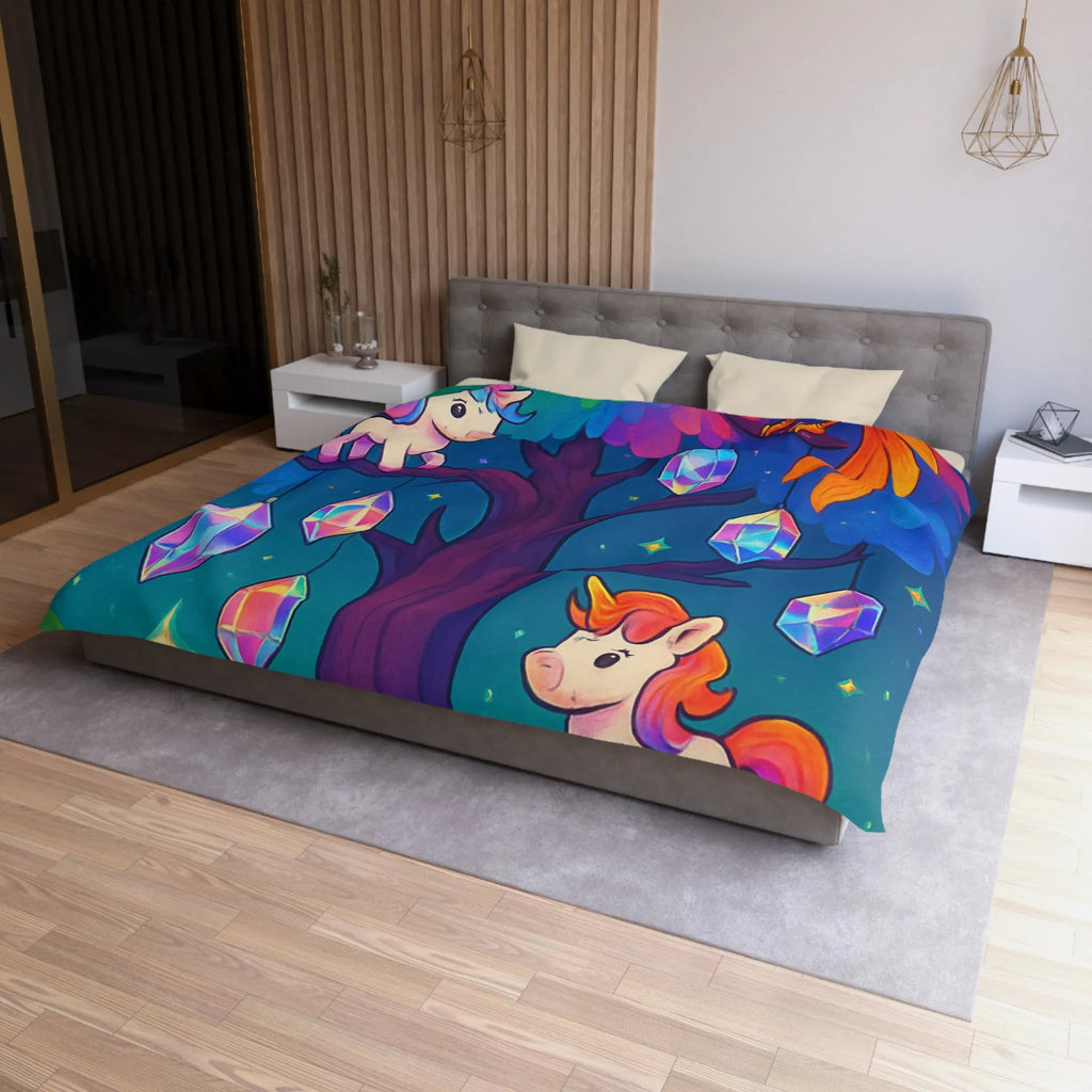 Housse de couette enfantine avec licornes, phénix, arbre magique et cristaux lumineux