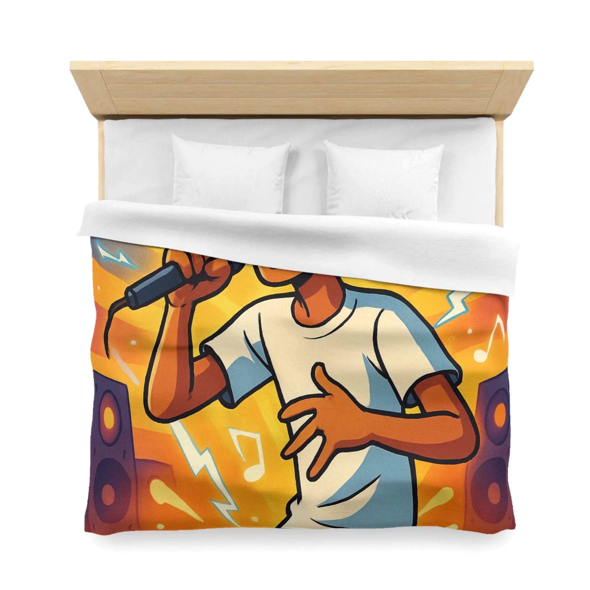 Housse de couette ambiance concert urbain avec chanteur et éclairs musicaux colorés