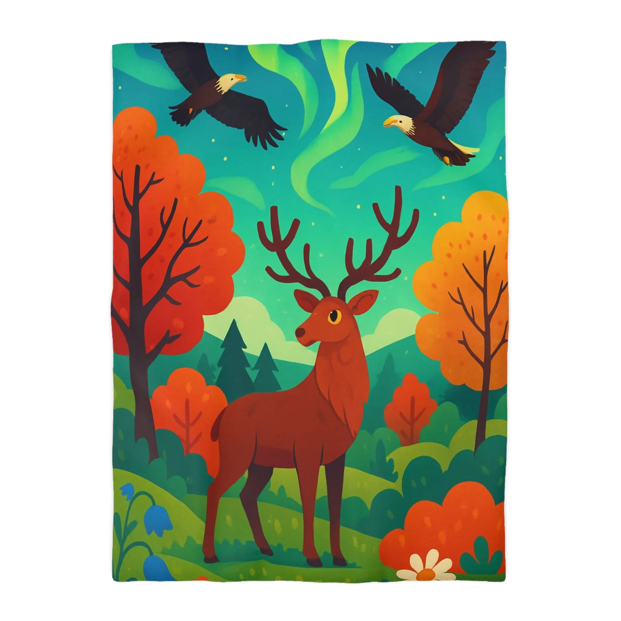 Housse de Couette Illustrée : Cerf Enchanté et Aurore Boréale dans Forêt Féérique