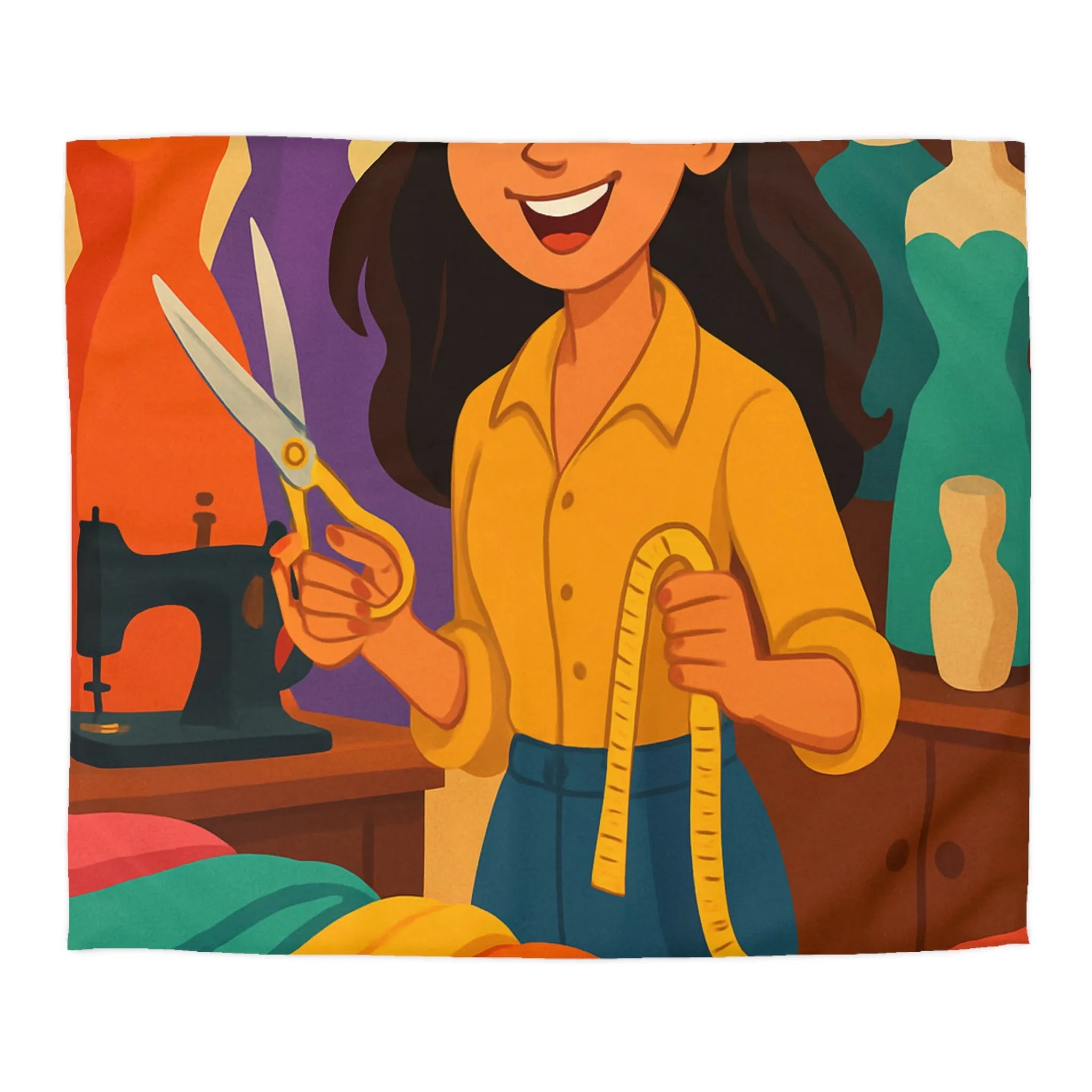 Housse de couette colorée avec motifs de couturière, outils et mannequins élégants