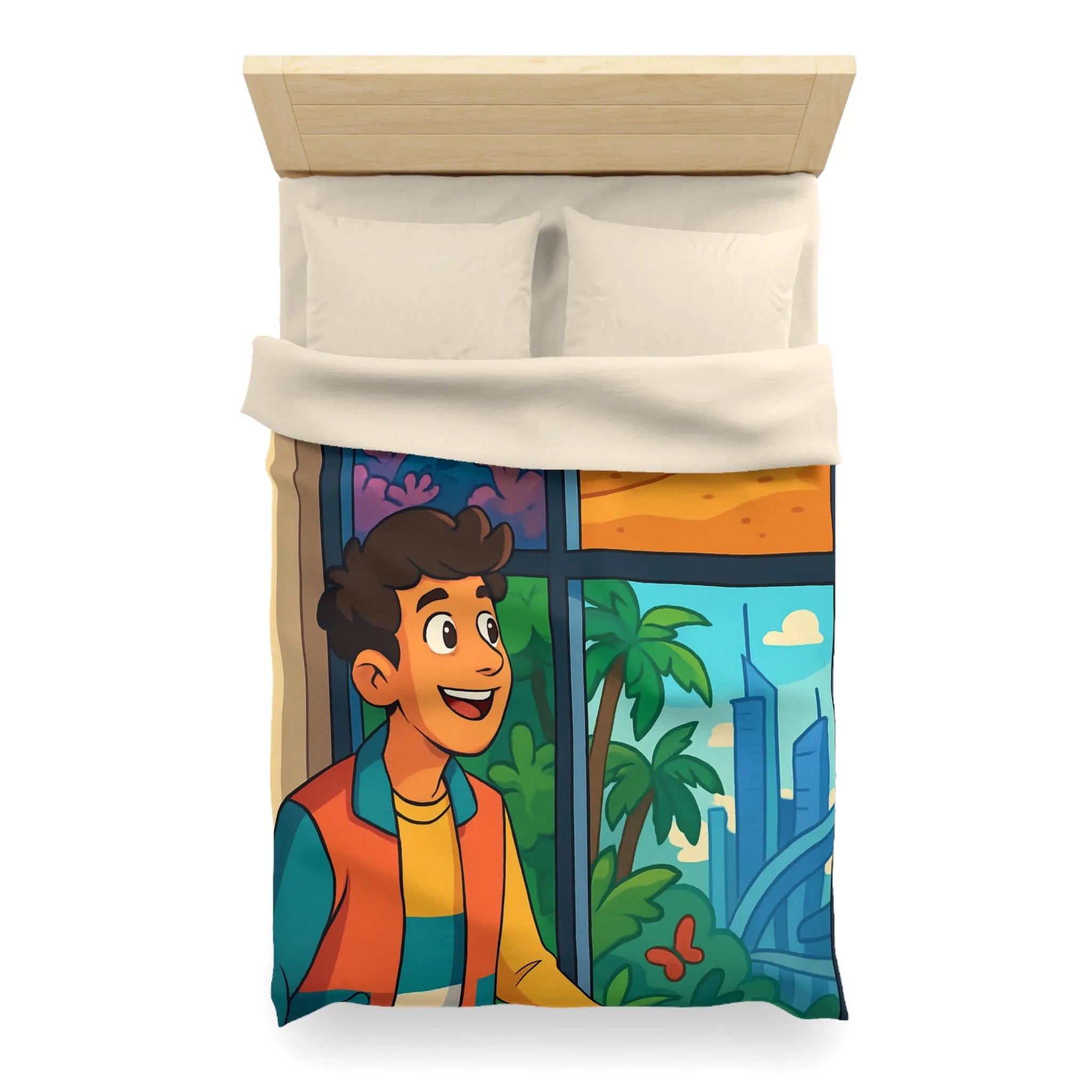 Housse de couette colorée avec paysage marin, désertique et urbain pour chambre d'enfant