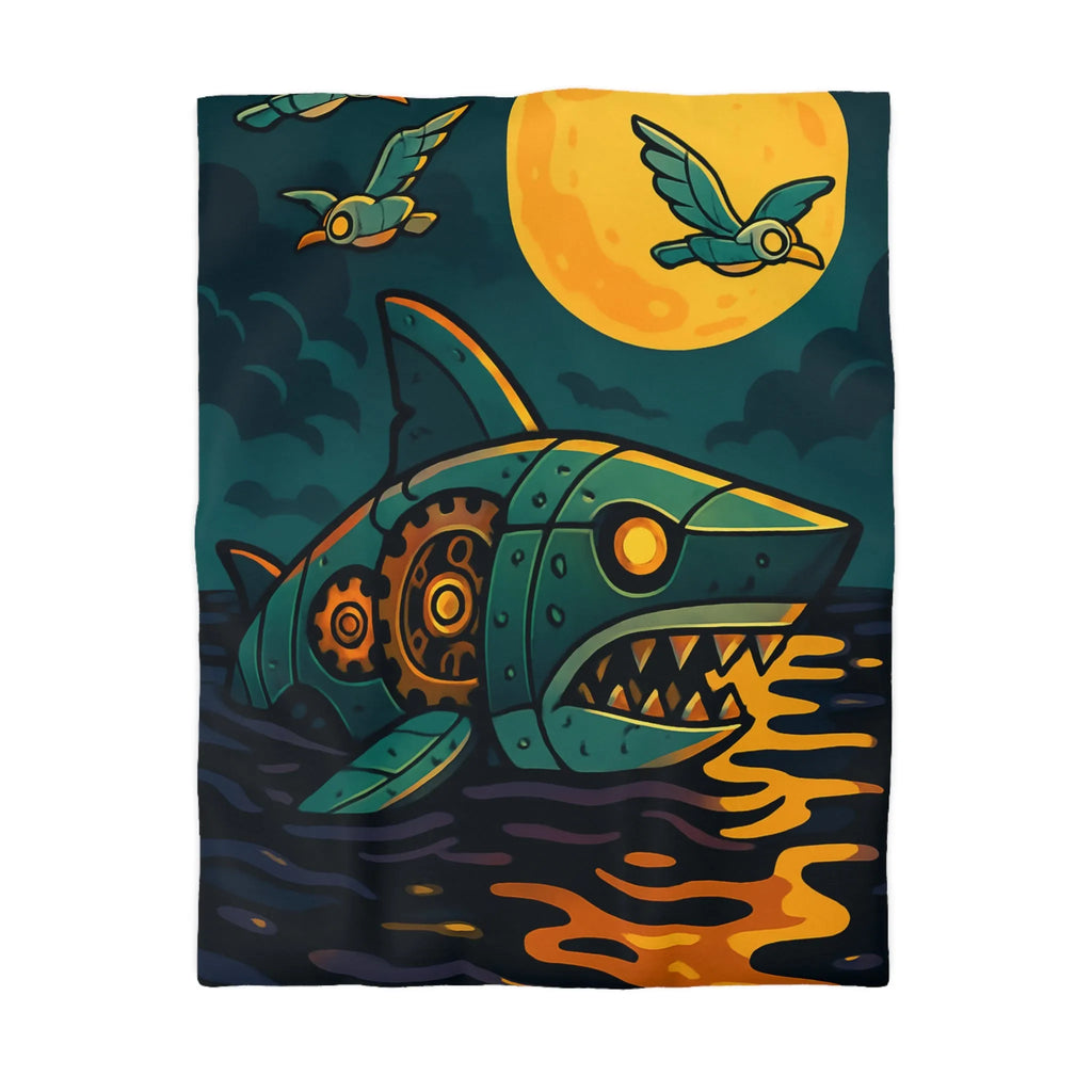 Housse de couette colorée avec requin mécanique sous lune dorée et oiseaux stylisés
