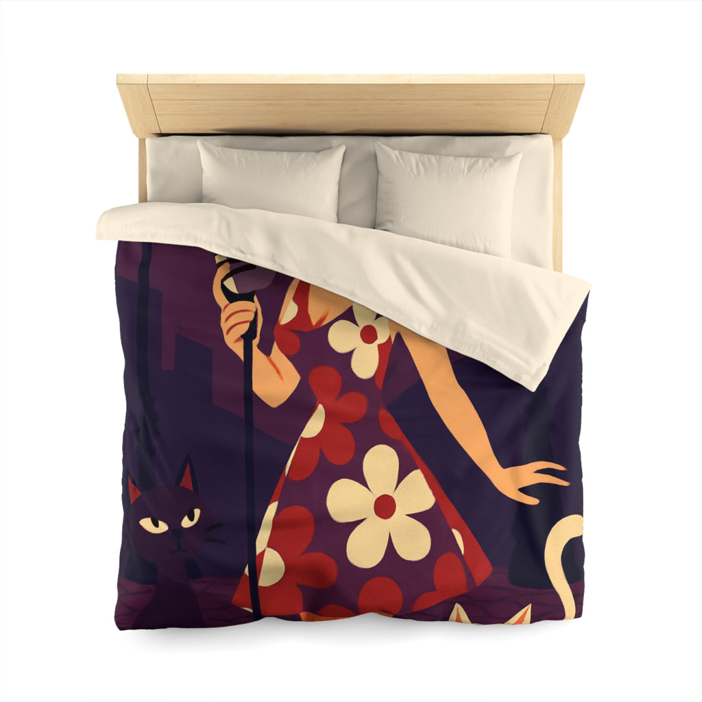 Housse de Couette Vintage avec Chanteuse Rétro et Chats sous Réverbères Nocturnes