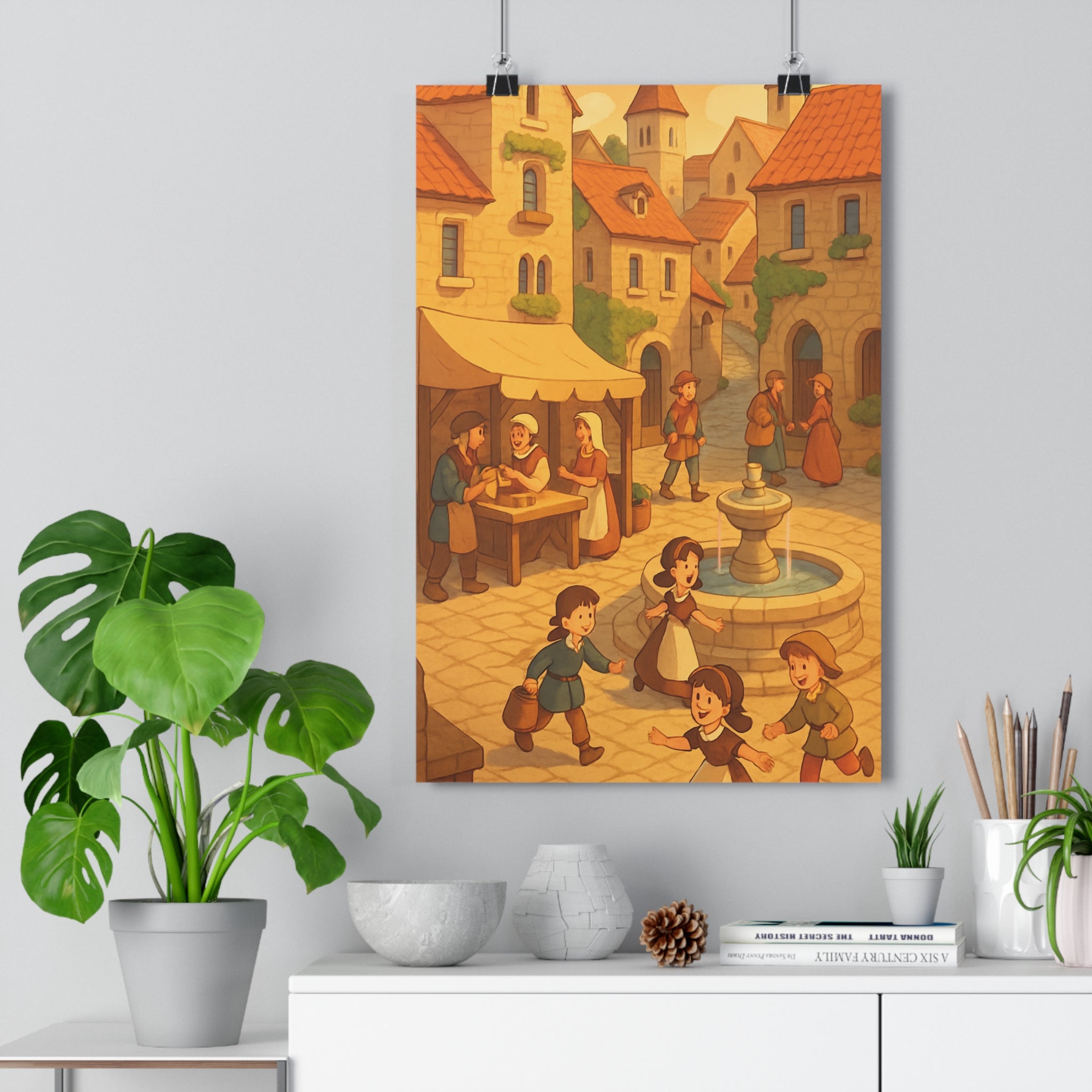 Poster décoratif animé cité historique médiévale joyeux enfant village pierre rouge chaleureux salon qualité