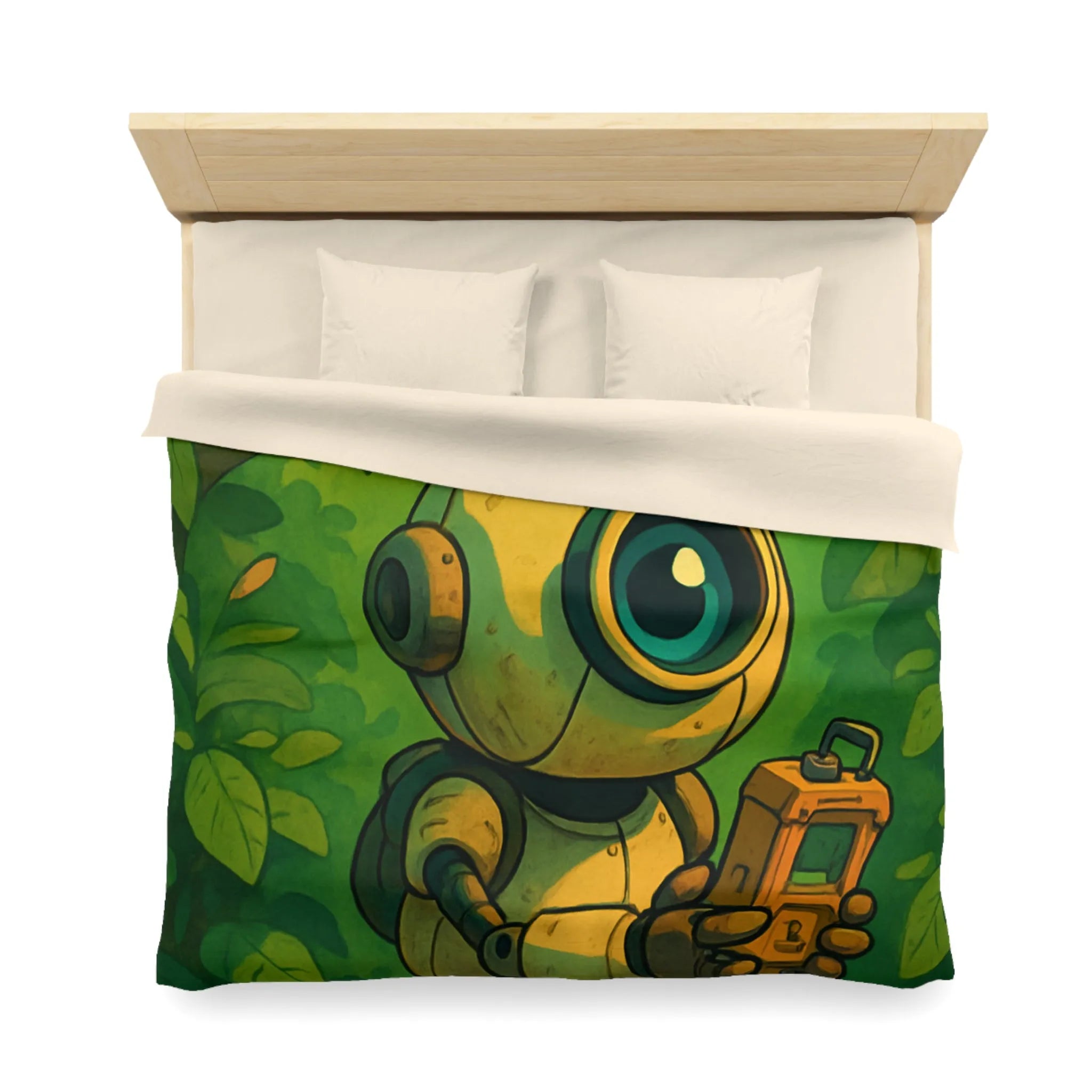 Housse de couette ludique avec robot curieux dans une forêt verdoyante et magique