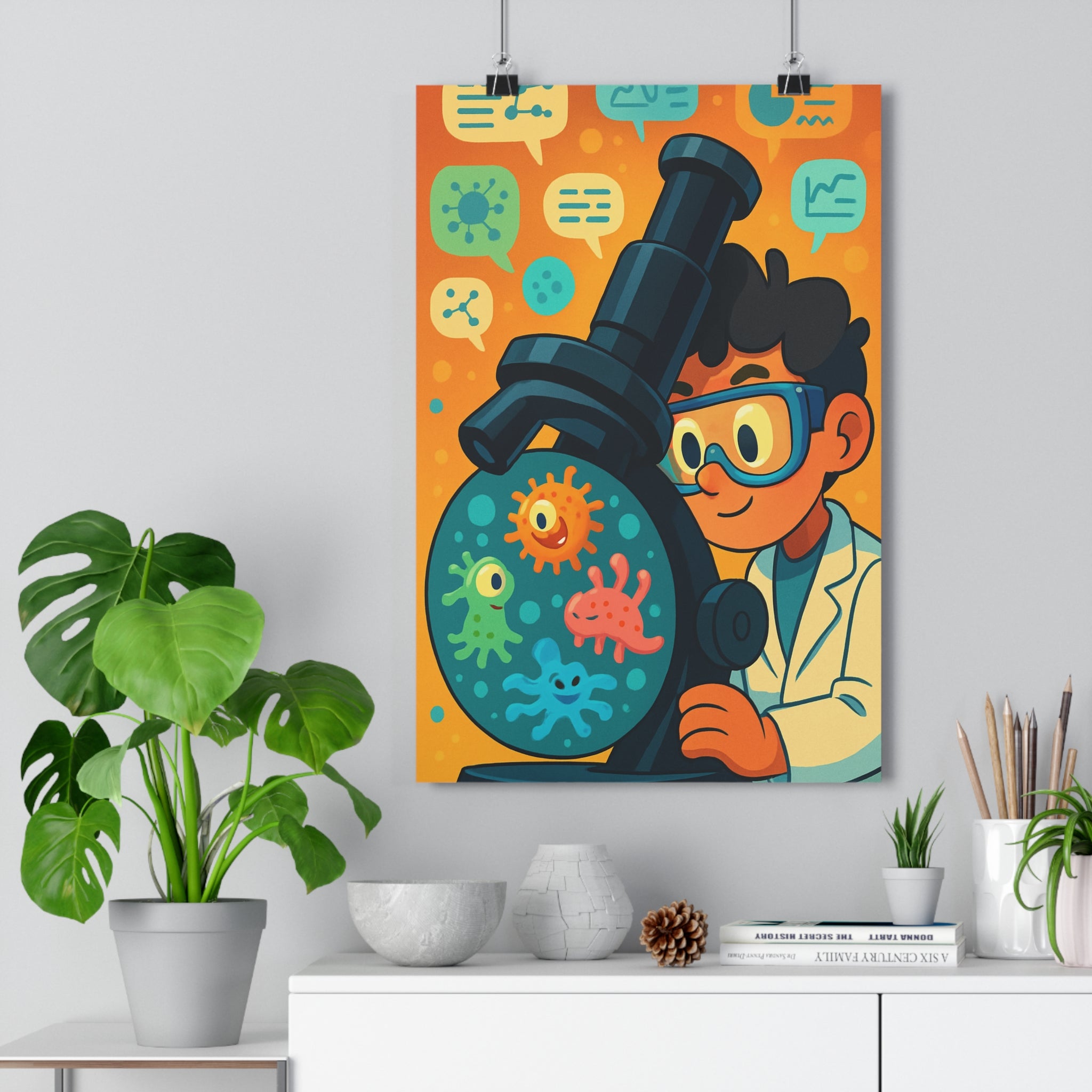 Poster décoratif scientifique orange vert cartoon aventure amusant enfant éducatif chambre vibrant coloré graphique