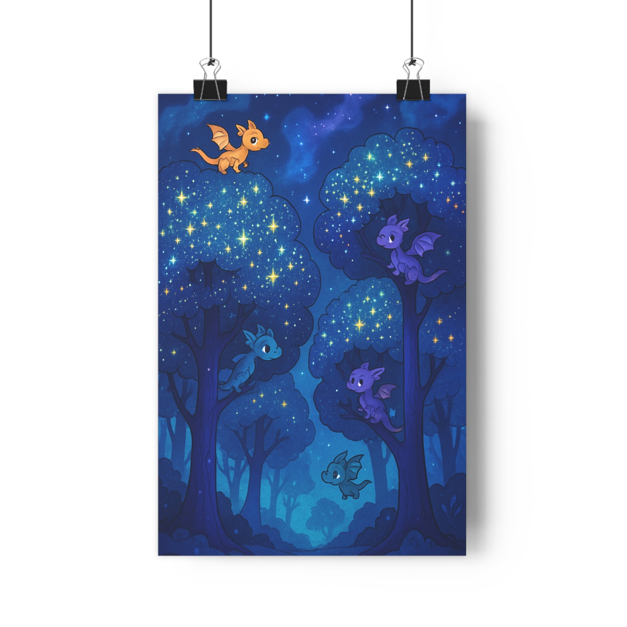 Poster décoratif forêt dragons colorés étoilée anime fantastique magique chambre enfant 30x46 créatif ambiance