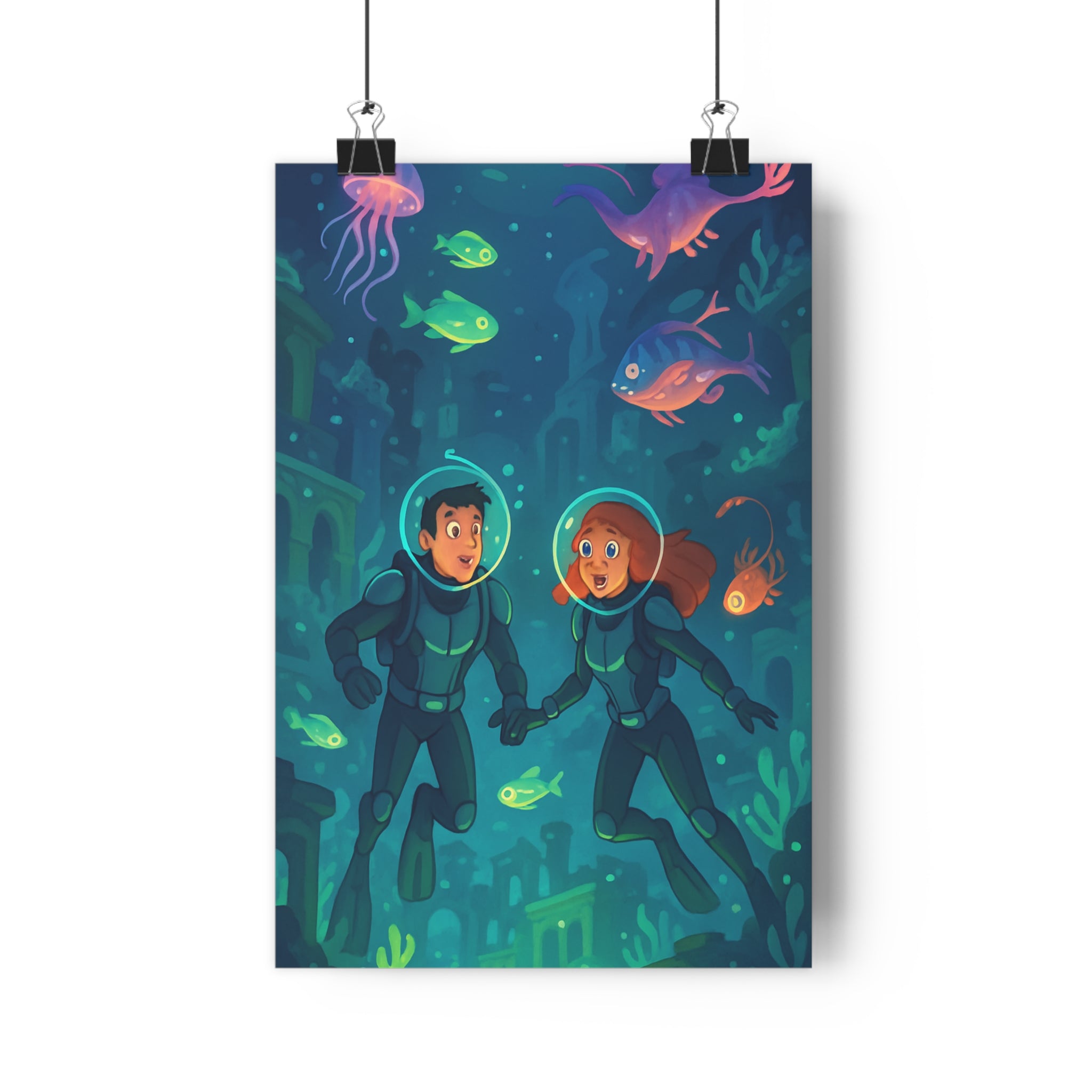 Poster décoratif animé bleu vert explorateurs aventure sousmarin enfant chambre magique poissons méduse qualité