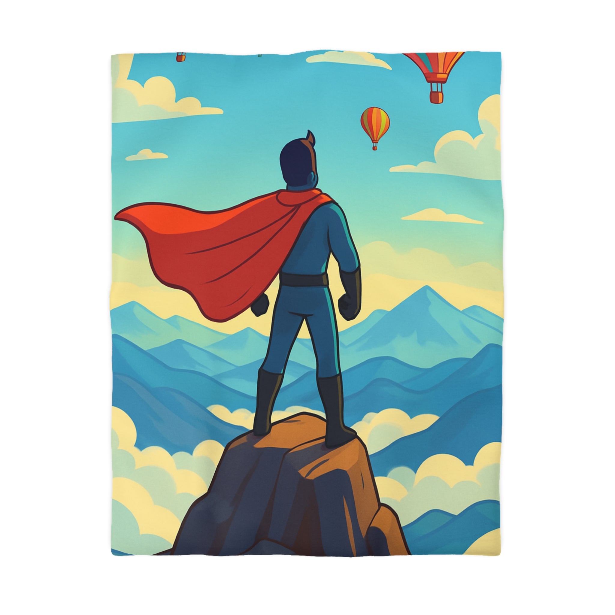 Housse de couette super-héros face montagne montgolfières colorées ciel bleu rêve