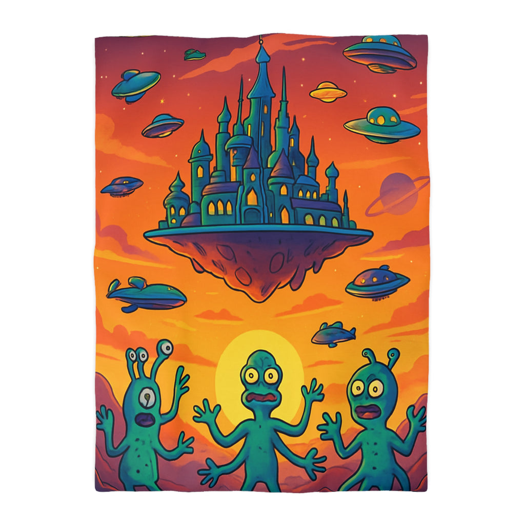 Housse de couette sur thème extraterrestre avec château flottant et OVNI colorés