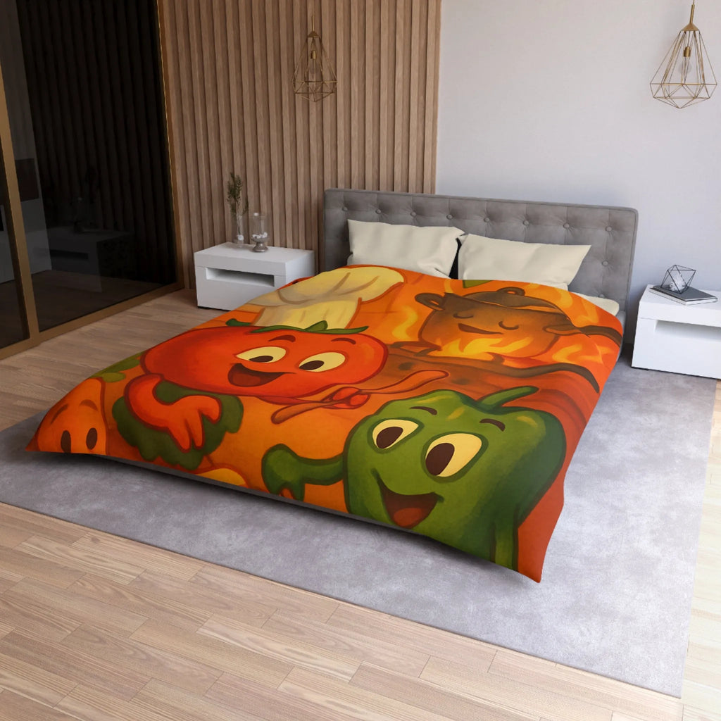 Housse de couette illustrée avec légumes adorables jouant dans une cuisine animée orangée