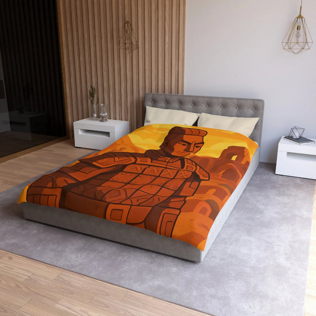 Housse de couette inspirée des guerriers antiques dans un style artistique épuré et vibrant