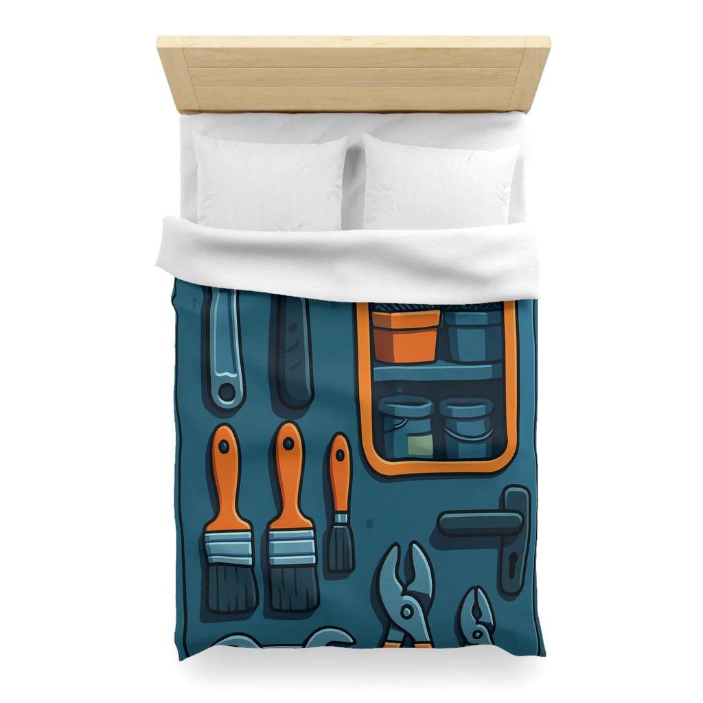 Housse de couette bleue avec outils et étagères pour atelier créatif moderne