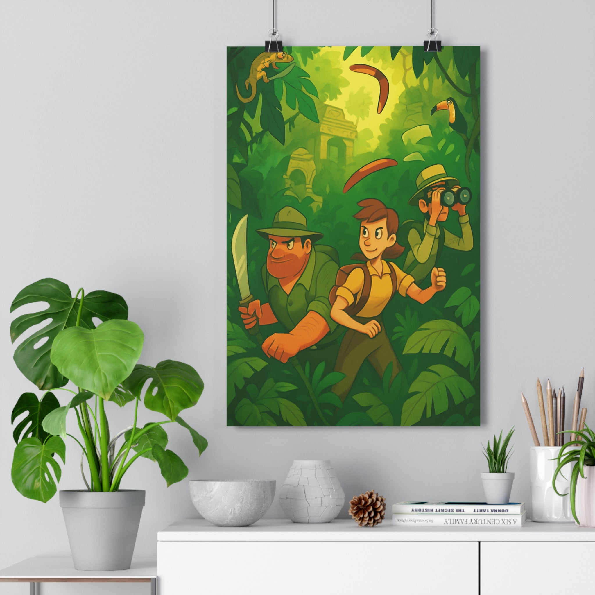 Poster décoratif aventure jungle explorateurs mystique enfant format 30x46 cm couleurs vives exotique ambiance