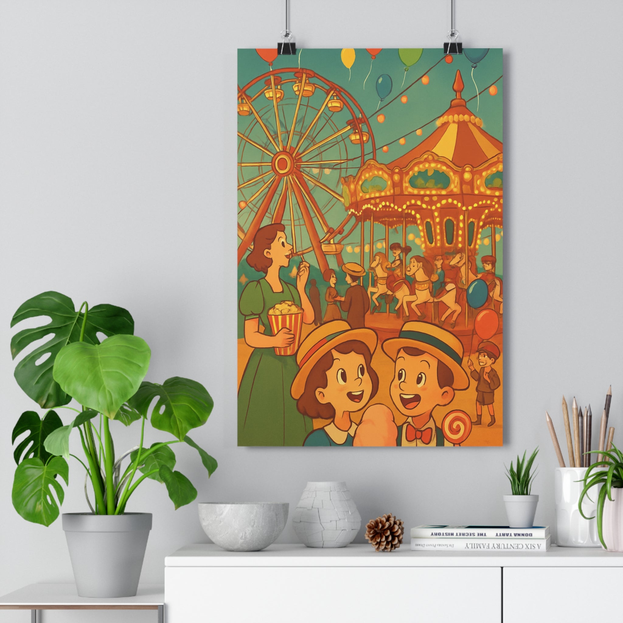 Poster décoratif rétro cartoon fête foraine pastel joyeux enfants chambre ambiance douce amusante vintage
