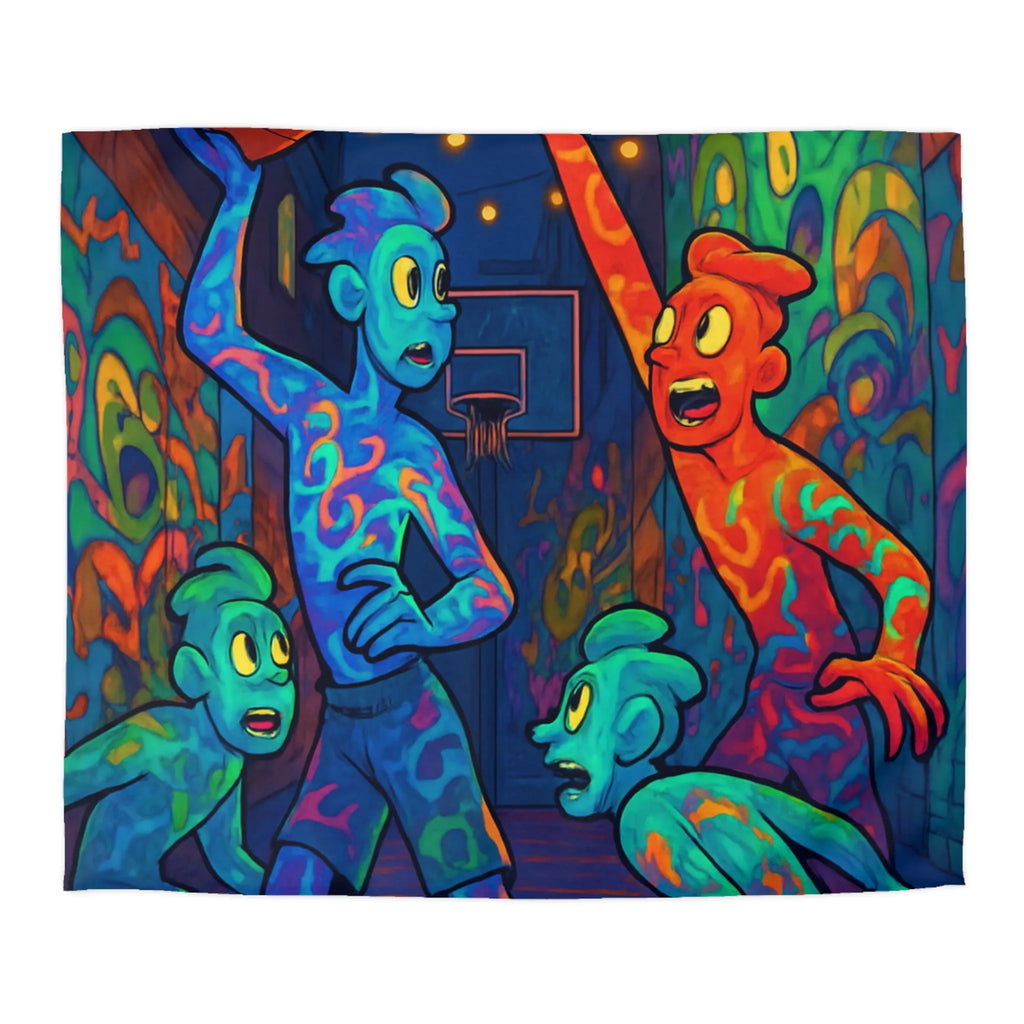 Housse de couette colorée avec personnages abstraits jouant au basket la nuit