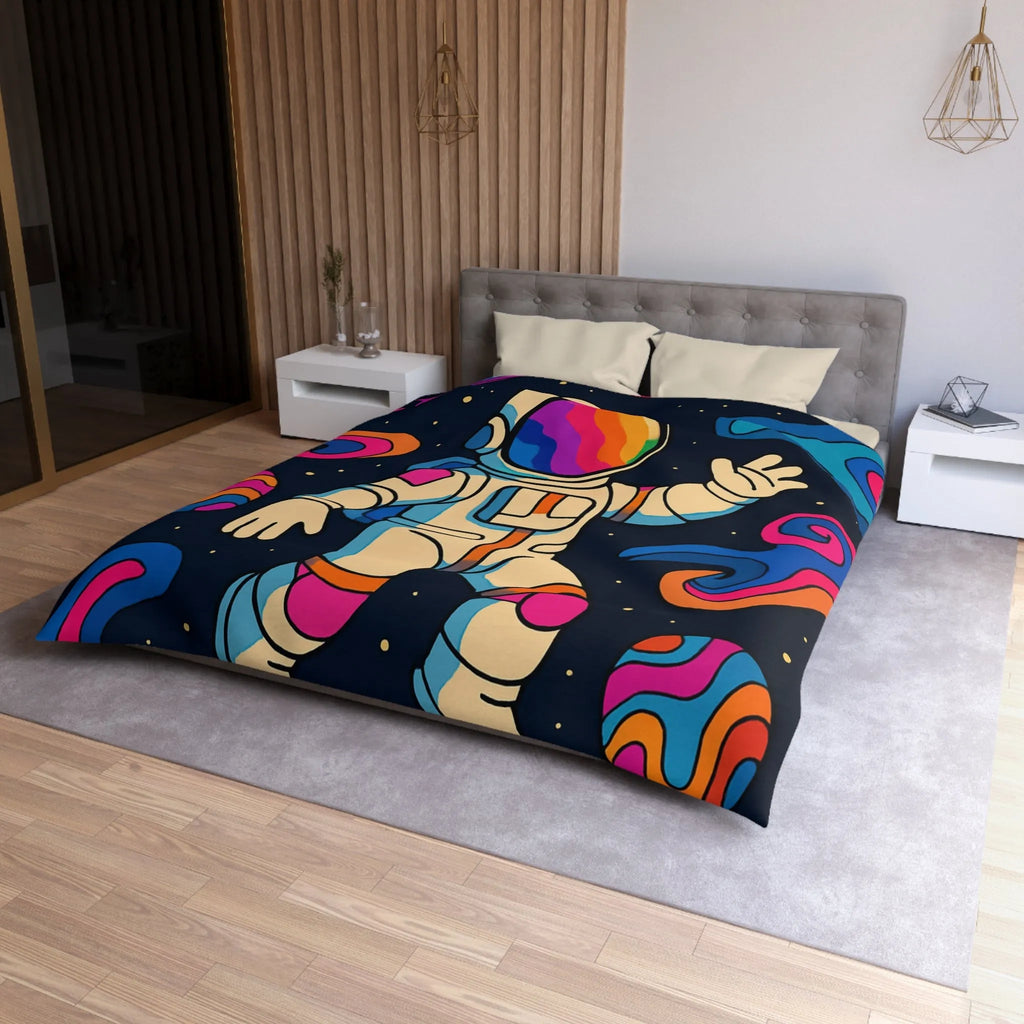 Housse de Couette Astronaute Psychédélique dans l’Espace avec Planètes Colorées et Fusées