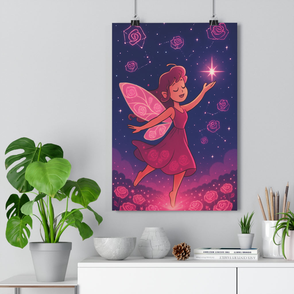 Poster décoratif féerique fée étoiles roses bleu rose chambre enfant magique rêve apaisant élégant
