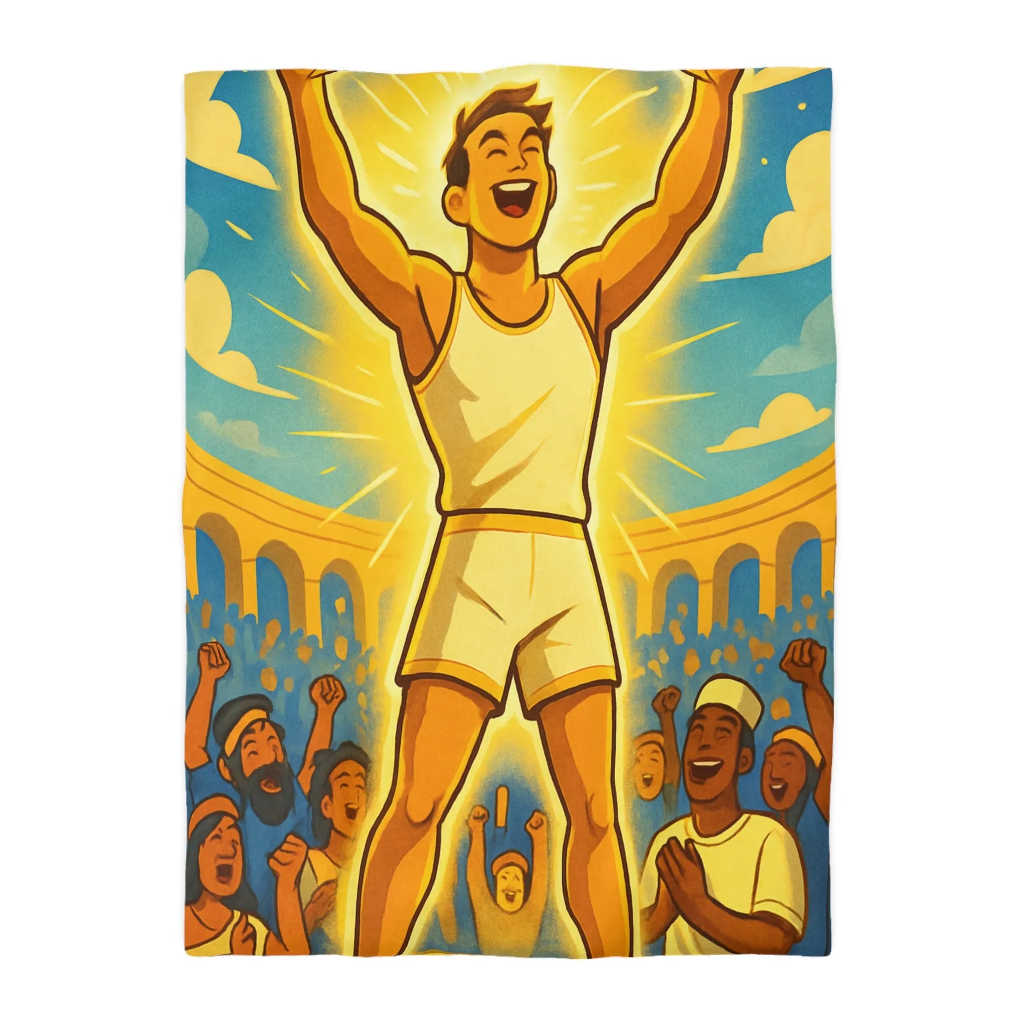 Housse de couette lumineuse avec athlète triomphant dans une arène ensoleillée vibrante