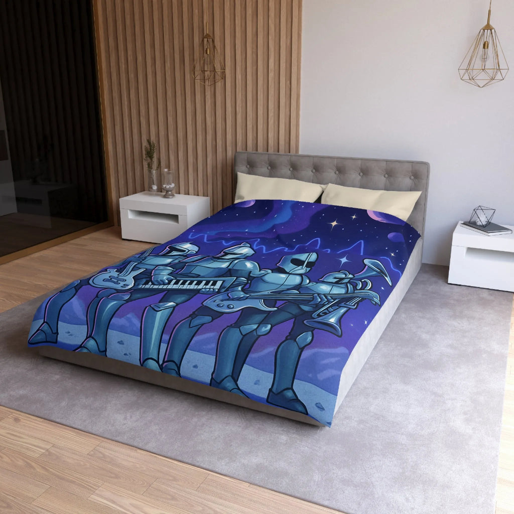 Housse de couette futuriste avec chevaliers musiciens sur fond spatial étoilé galactique