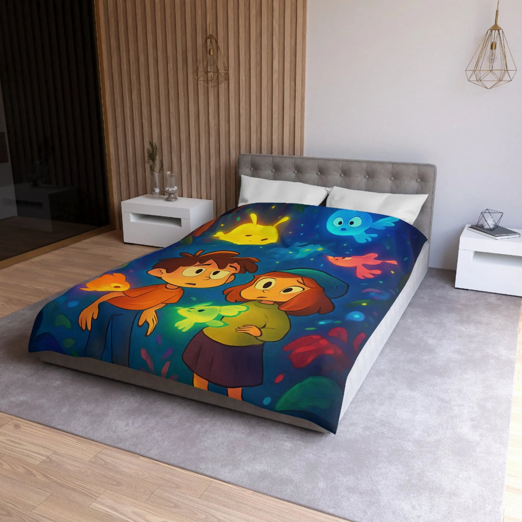 Housse de Couette Enfant Fantaisie avec Créatures Lumineuses dans Forêt Mystérieuse et Enchantée