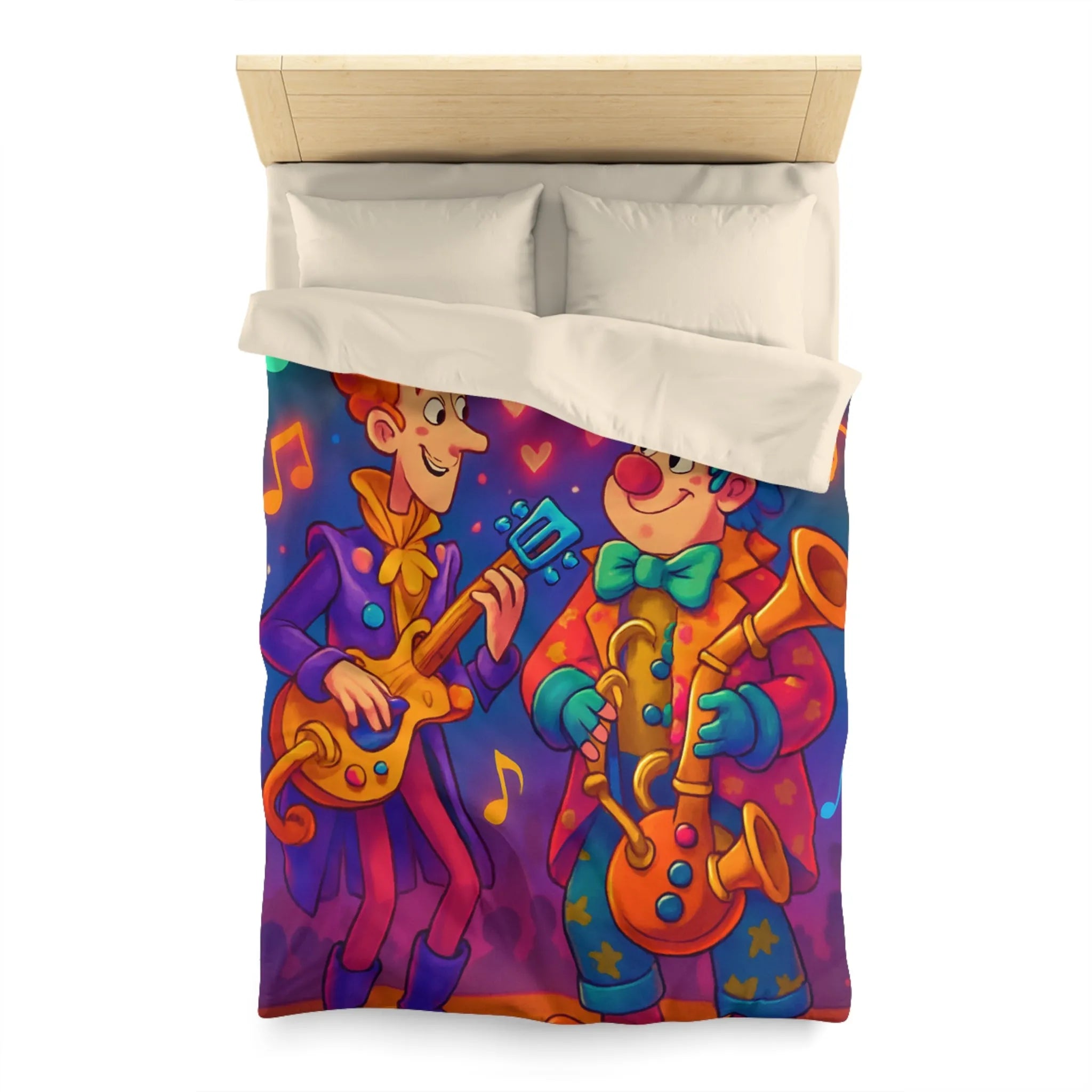 Housse de couette colorée avec musiciens joyeux jouant guitare et saxophone sous projecteurs