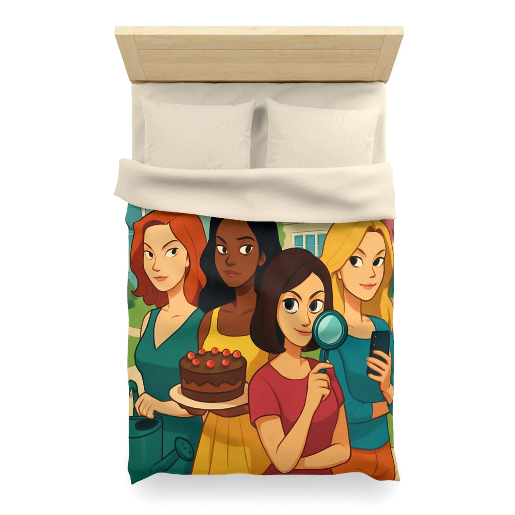 Housse de Couette Illustrée Fête Femme Jardin avec Loupe Gâteau et Téléphone