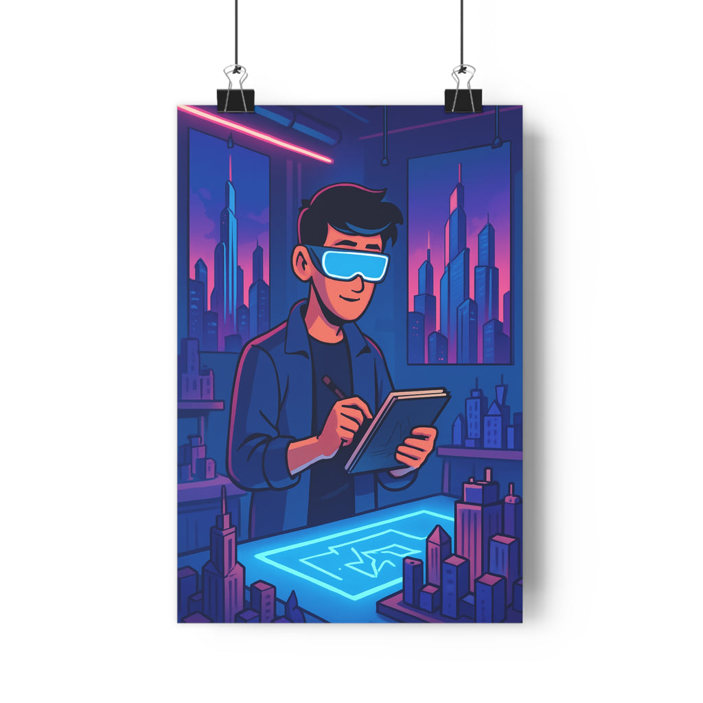 Poster décoratif futuriste néon moderne bleu rose urbain artistique bureau design créatif lumineux dynamique