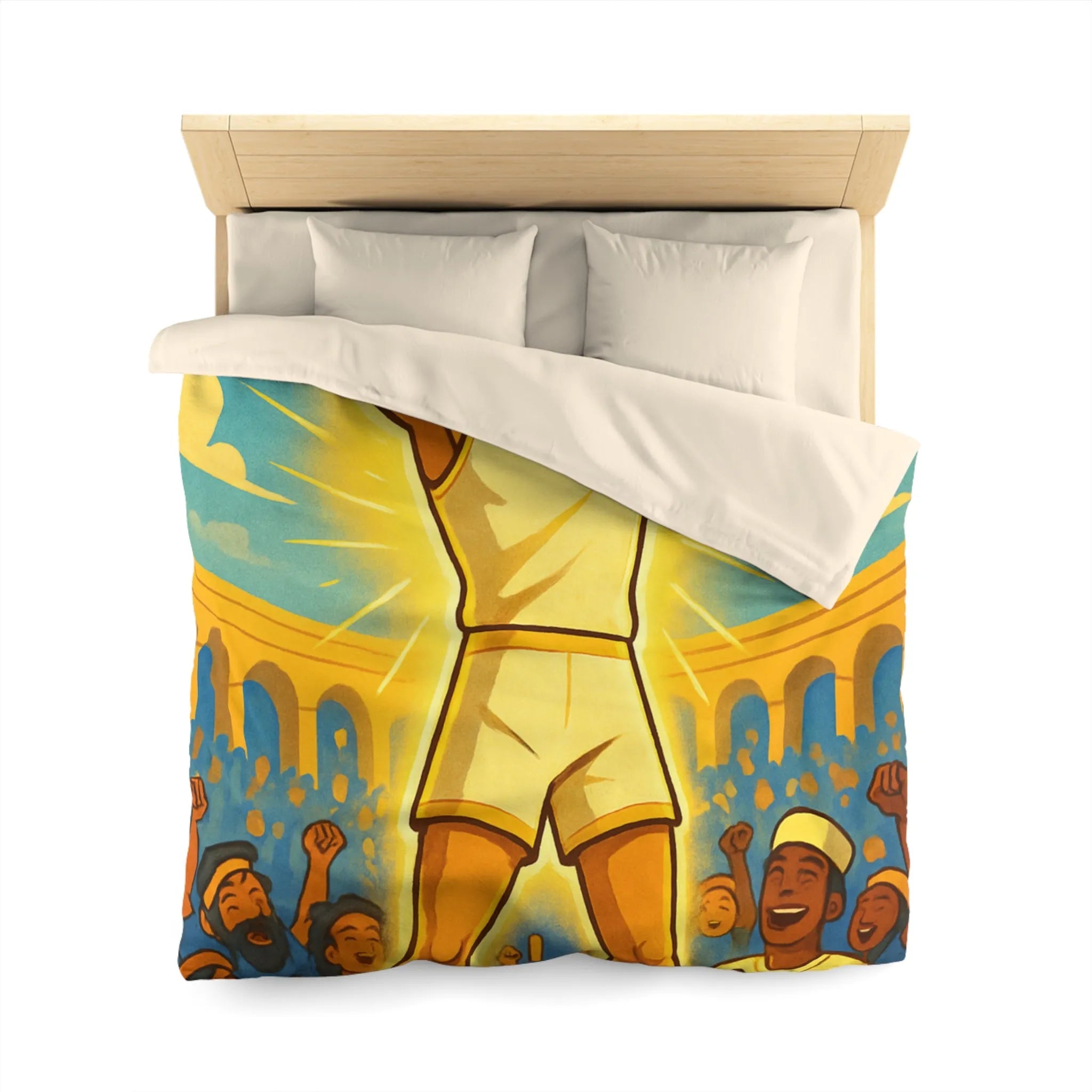 Housse de couette lumineuse avec athlète triomphant dans une arène ensoleillée vibrante