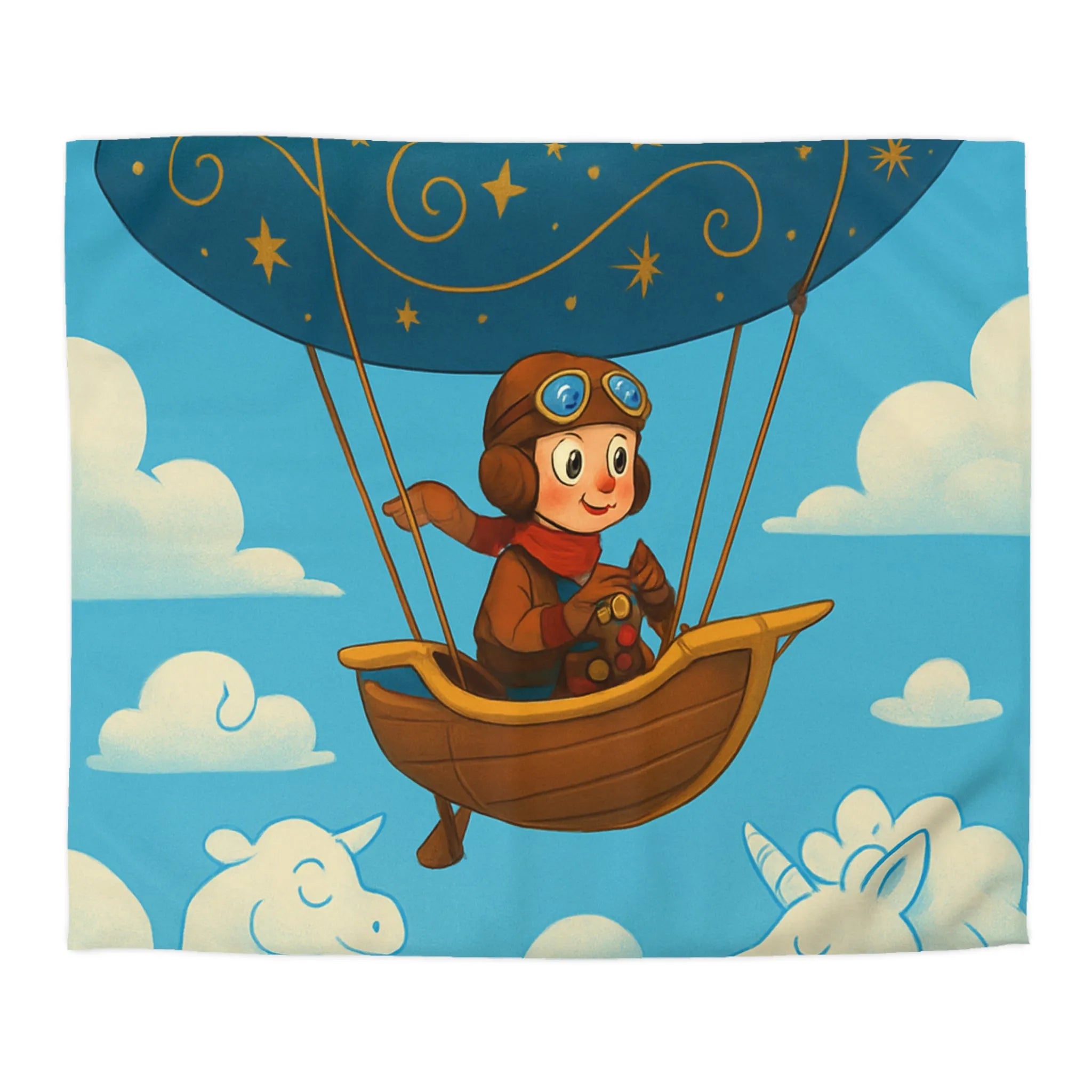 Housse de Couette Fantastique Enfantine avec Montgolfière et Licornes en Nuages