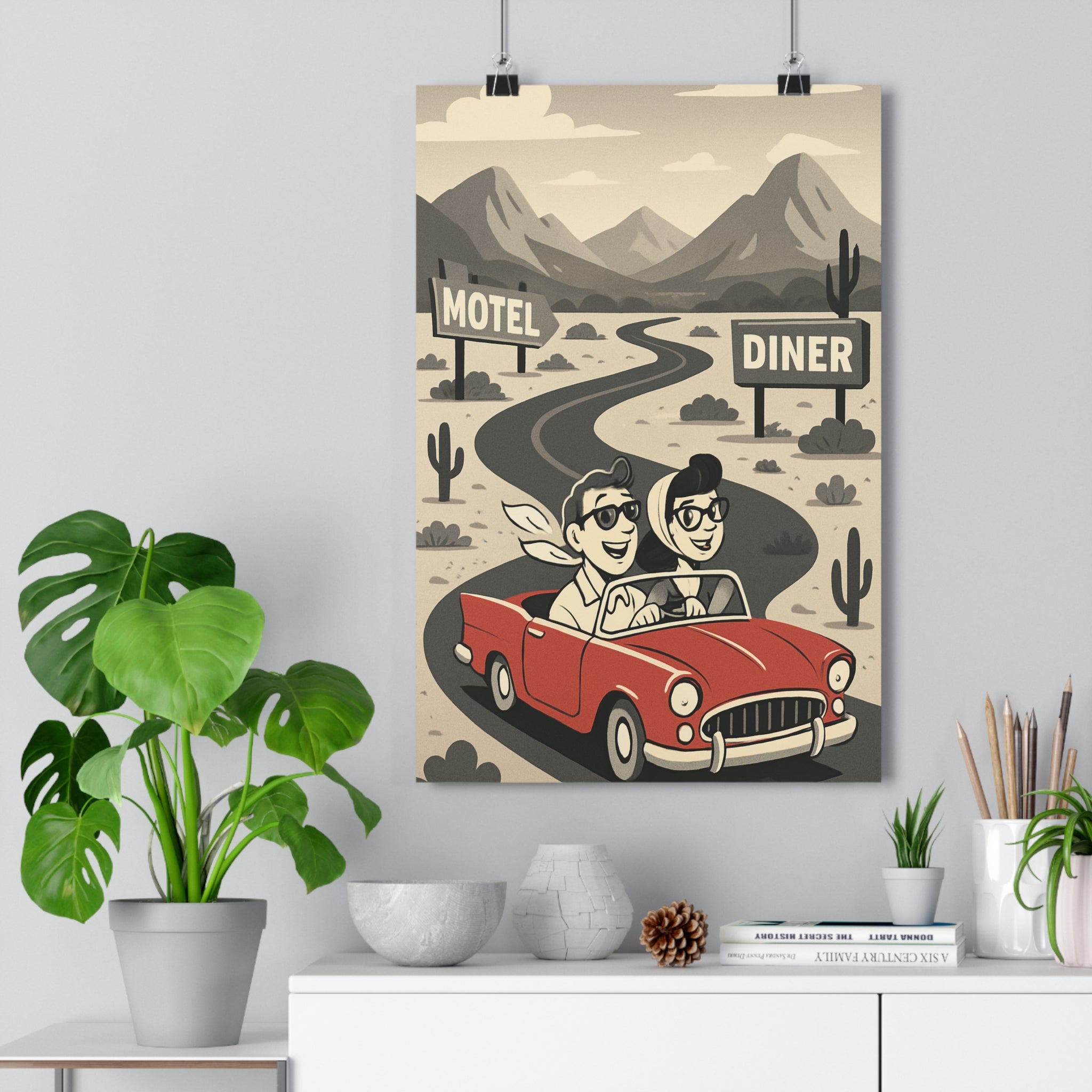 Poster décoratif vintage rétro rouge noir blanc aventure salon chambre voiture paysage désertique cactus