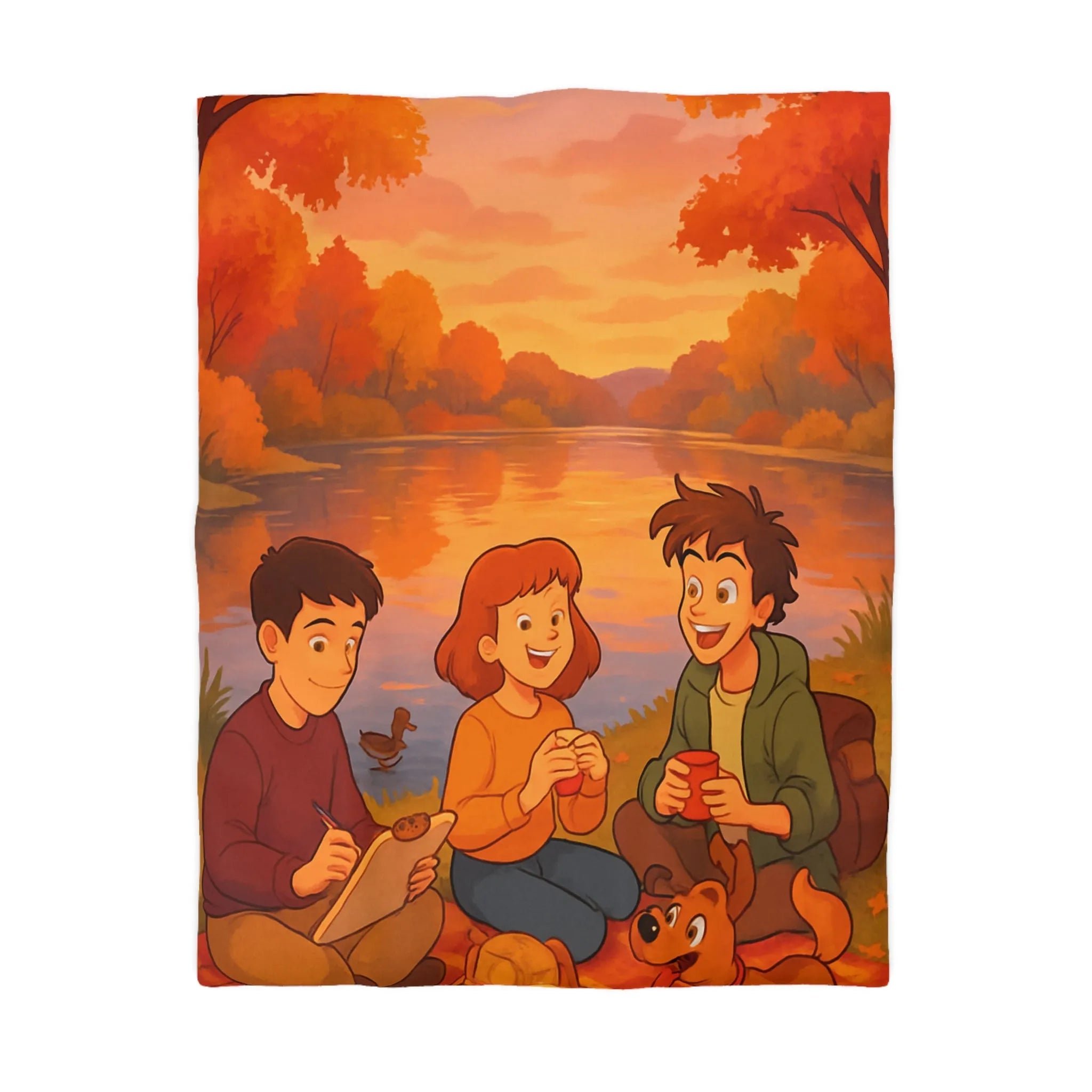 Housse de couette illustrée avec scène automnale de pique-nique au bord d'un lac