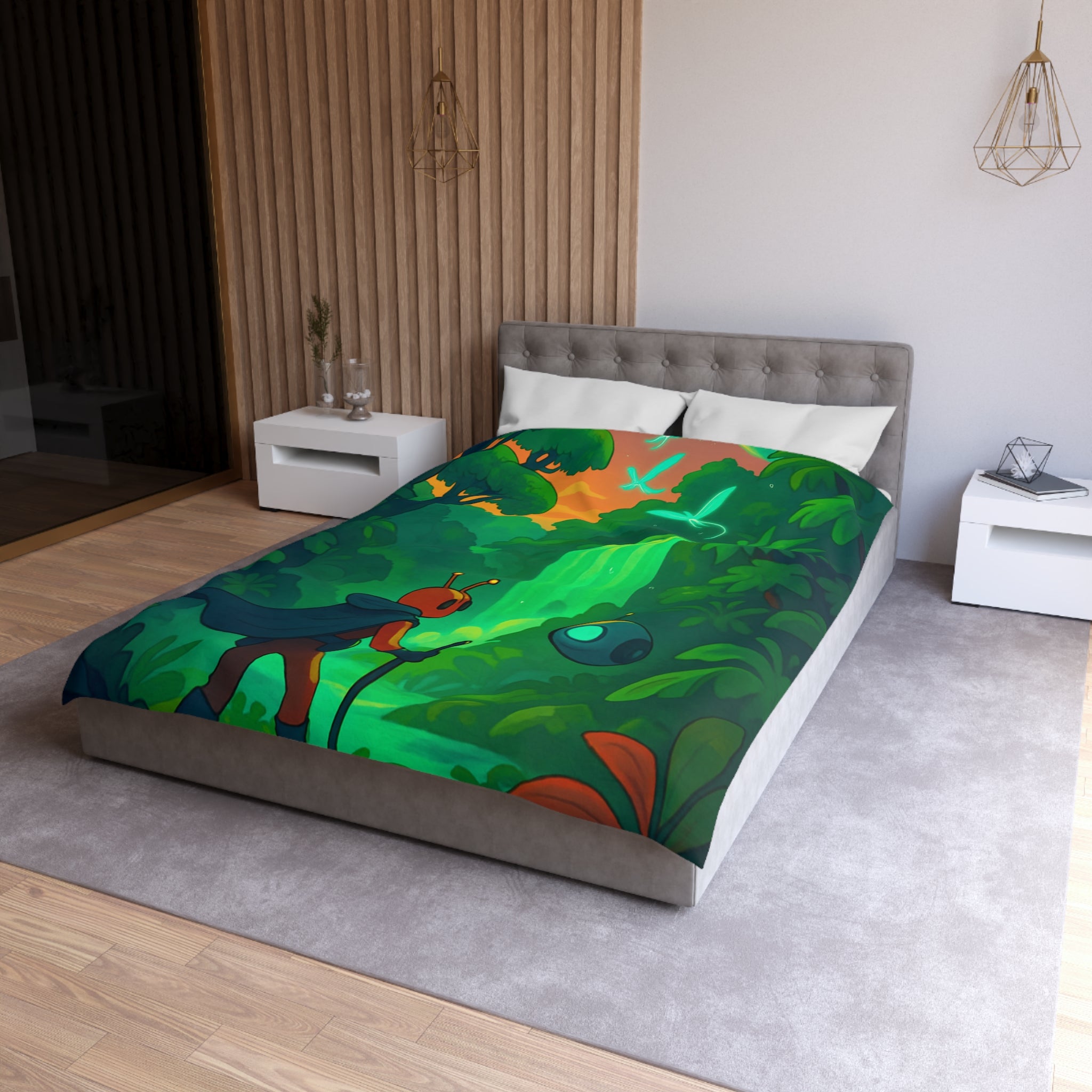 Housse de couette vibrante avec paysage extraterrestre mystérieux et personnage aventurier