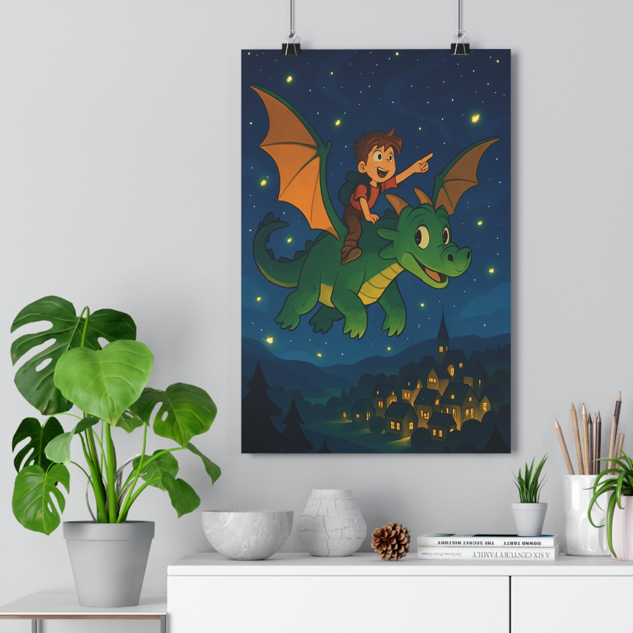 Poster décoratif fantastique dragon vert orange aventure ciel étoilé enfant village animé joyeux mural
