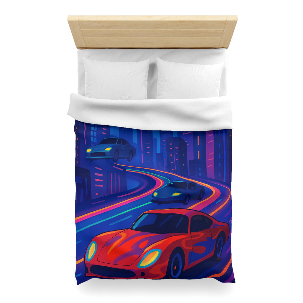Housse de Couette Ville Futuriste avec Voiture Rouge et Lumières Néon