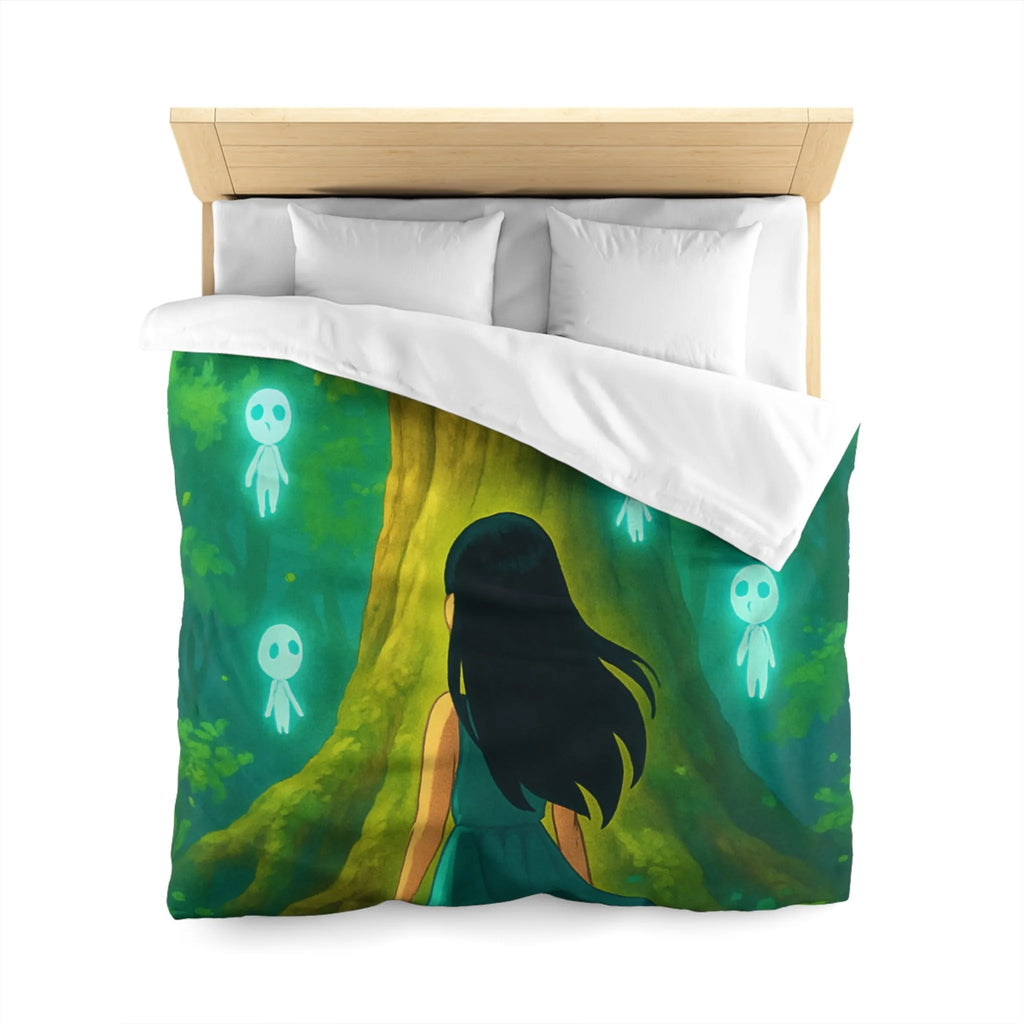 Housse de couette forêt mystique avec fille et esprits lumineux style onirique enchanteur