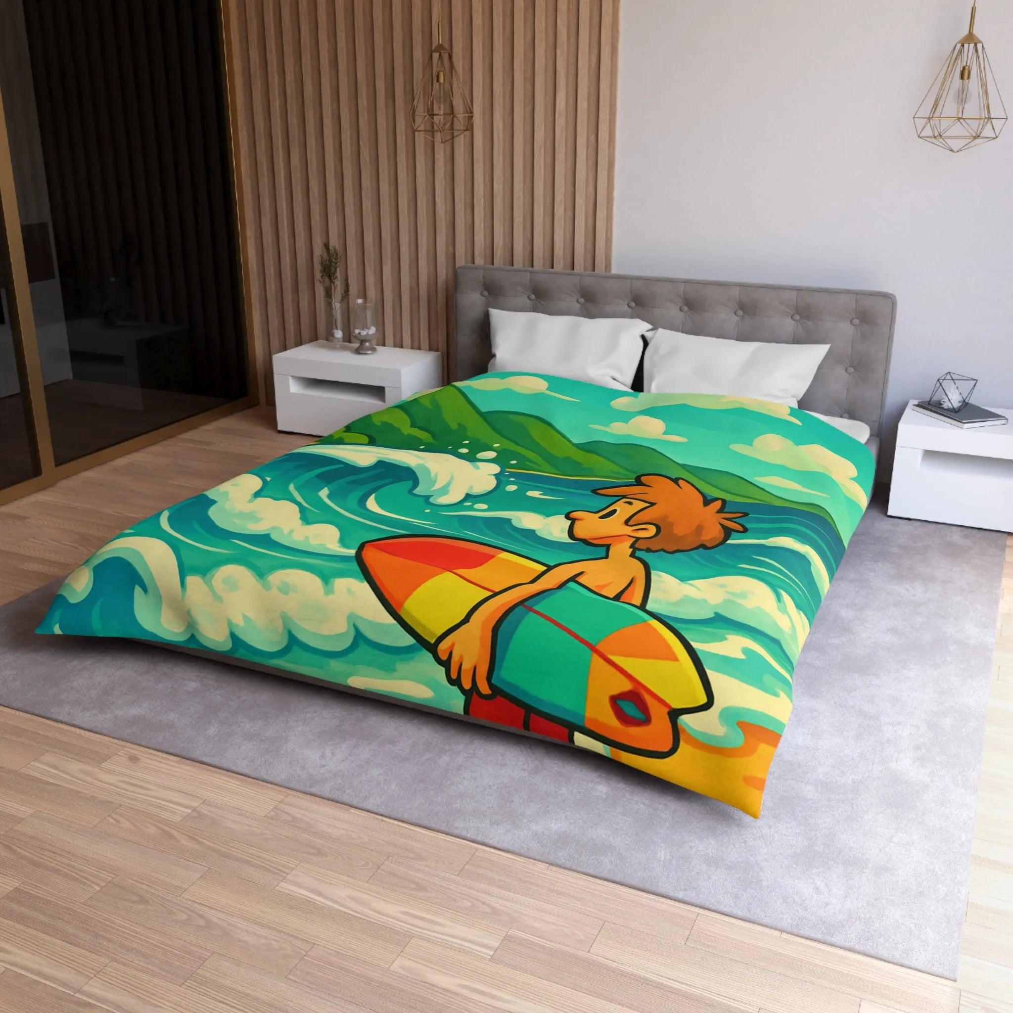 Housse de couette avec dessin coloré de plage pour enfants et surfeur