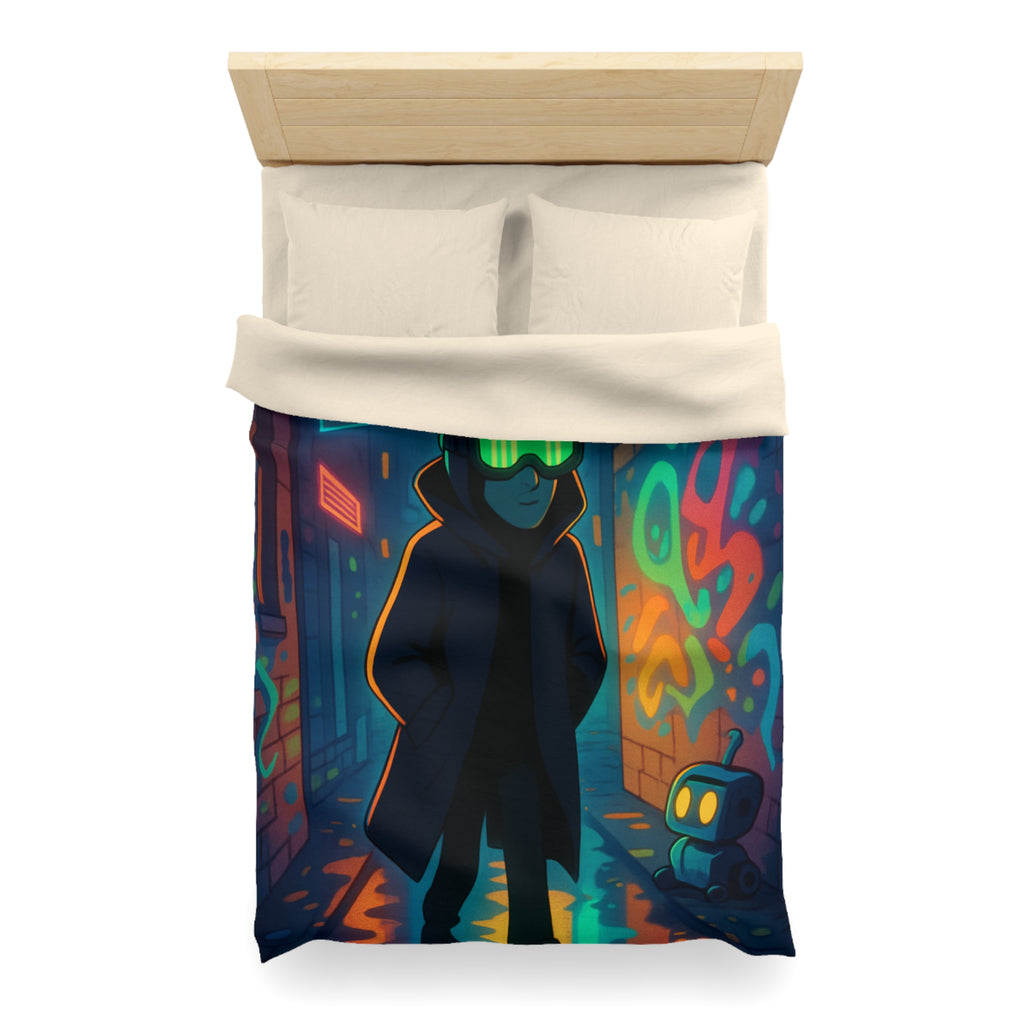 Housse de couette néon, ruelle urbaine cyberpunk avec technologie futuriste et graffitis colorés